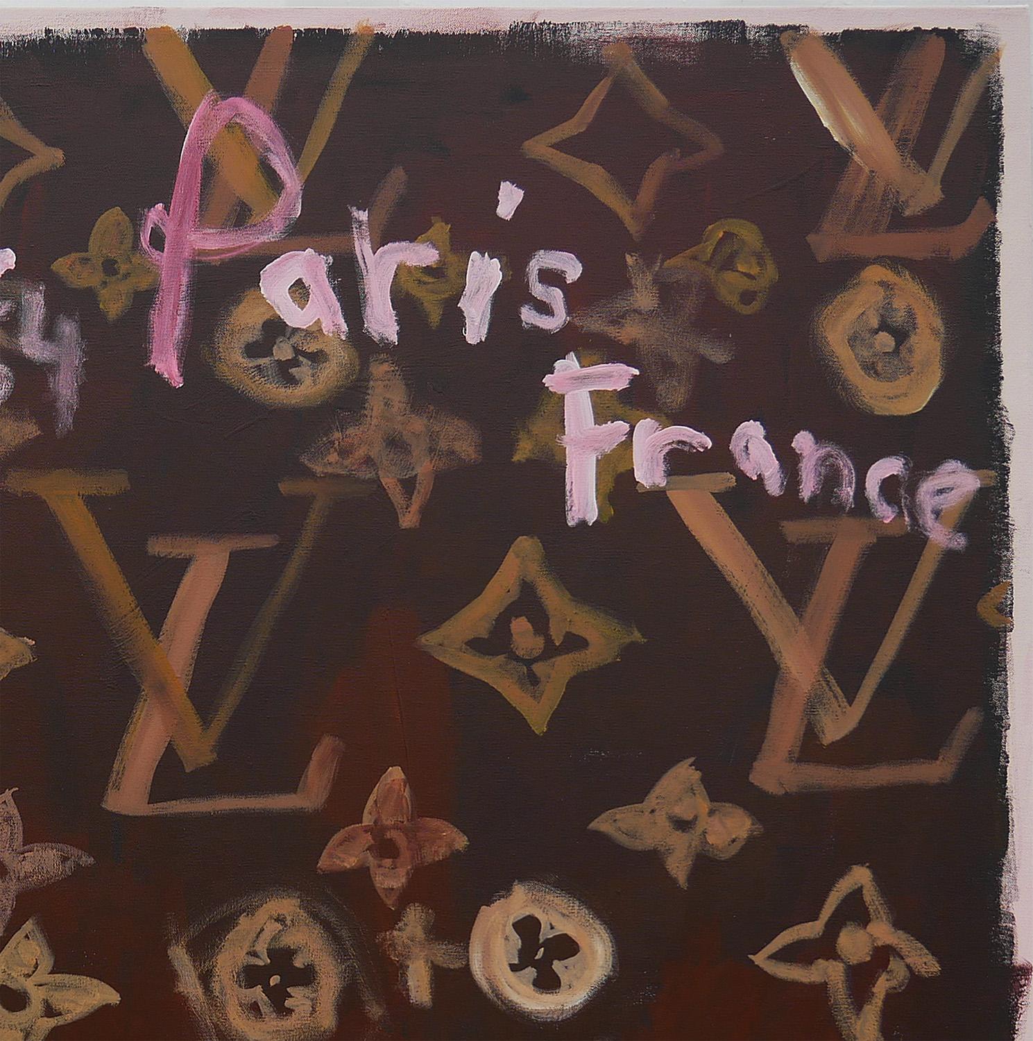 Peinture Pop Art abstraite contemporaine Louis Vuitton avec monogramme LV et rose 1