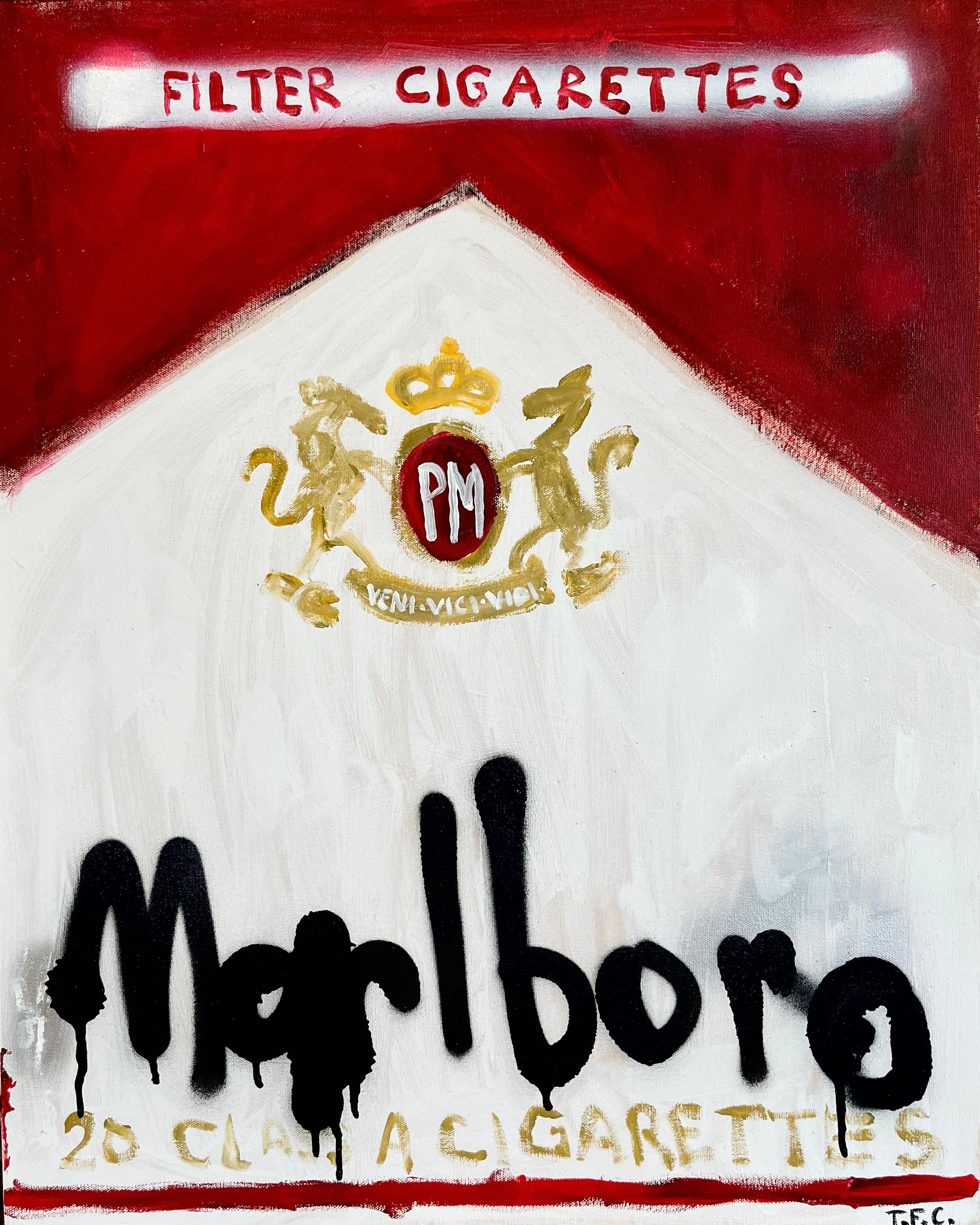 Tyler Casey Still-Life Painting - "Marlboro" Contemporary Abstract Pop Art Cigarette Packet Painting