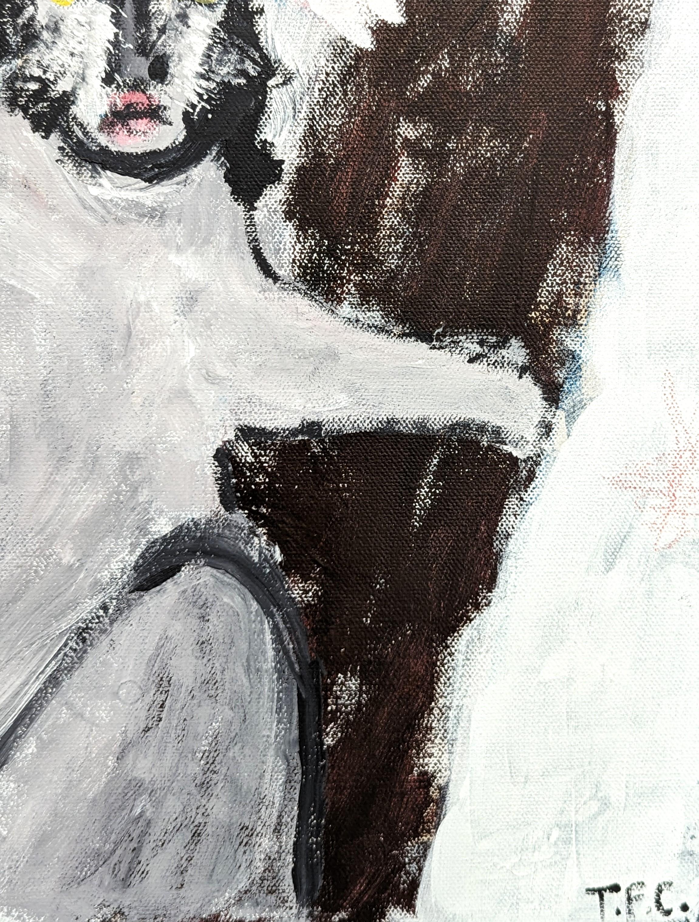 Quadro astratto di animali dell'artista contemporaneo Tyler Casey. L'opera presenta la rappresentazione gestuale di un uistitì con la scritta 