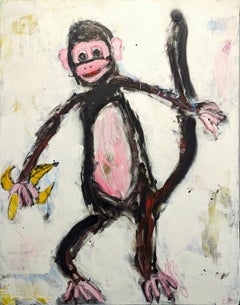 "Monkey" Peinture contemporaine d'animaux Pop Art abstrait dans les tons marron, rose et jaune