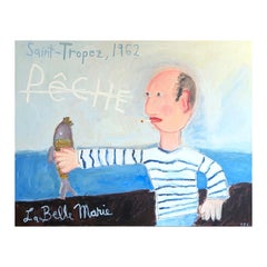 "Pêche: La Belle Marie" Contemporary Gestural Abstract of a Man Holding a Fish