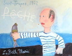 "Pêche: La Belle Marie" Astratto gestuale contemporaneo di un uomo che tiene in mano un pesce