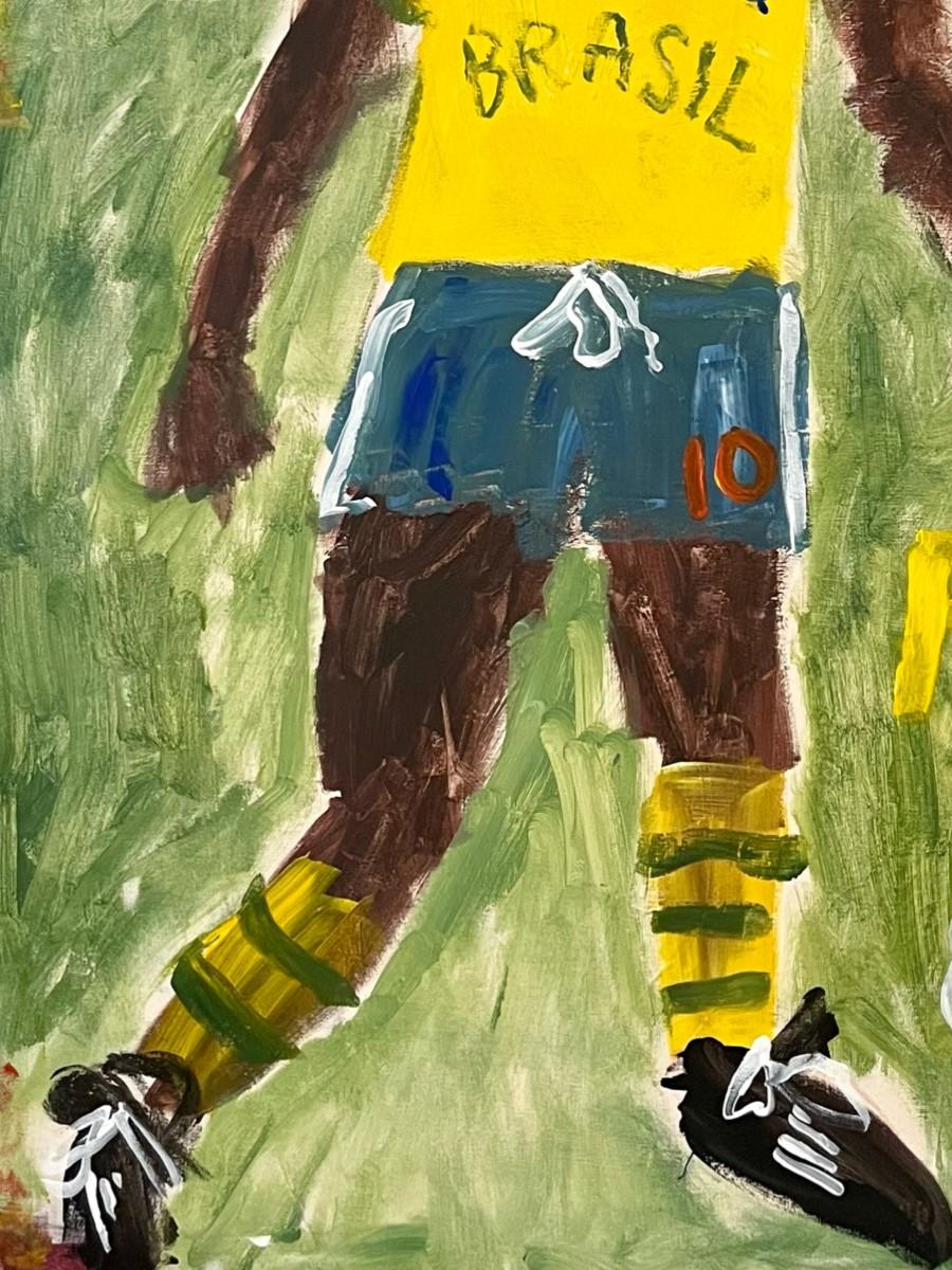 Contemporary pop art painting of famous Brazilian soccer / football player Pelé by Texas / Mexico based artist Tyler Casey. The work features an abstract yellow and green toned portrait of Pelé playing for a large crowd at Estadio Azteca in Mexico