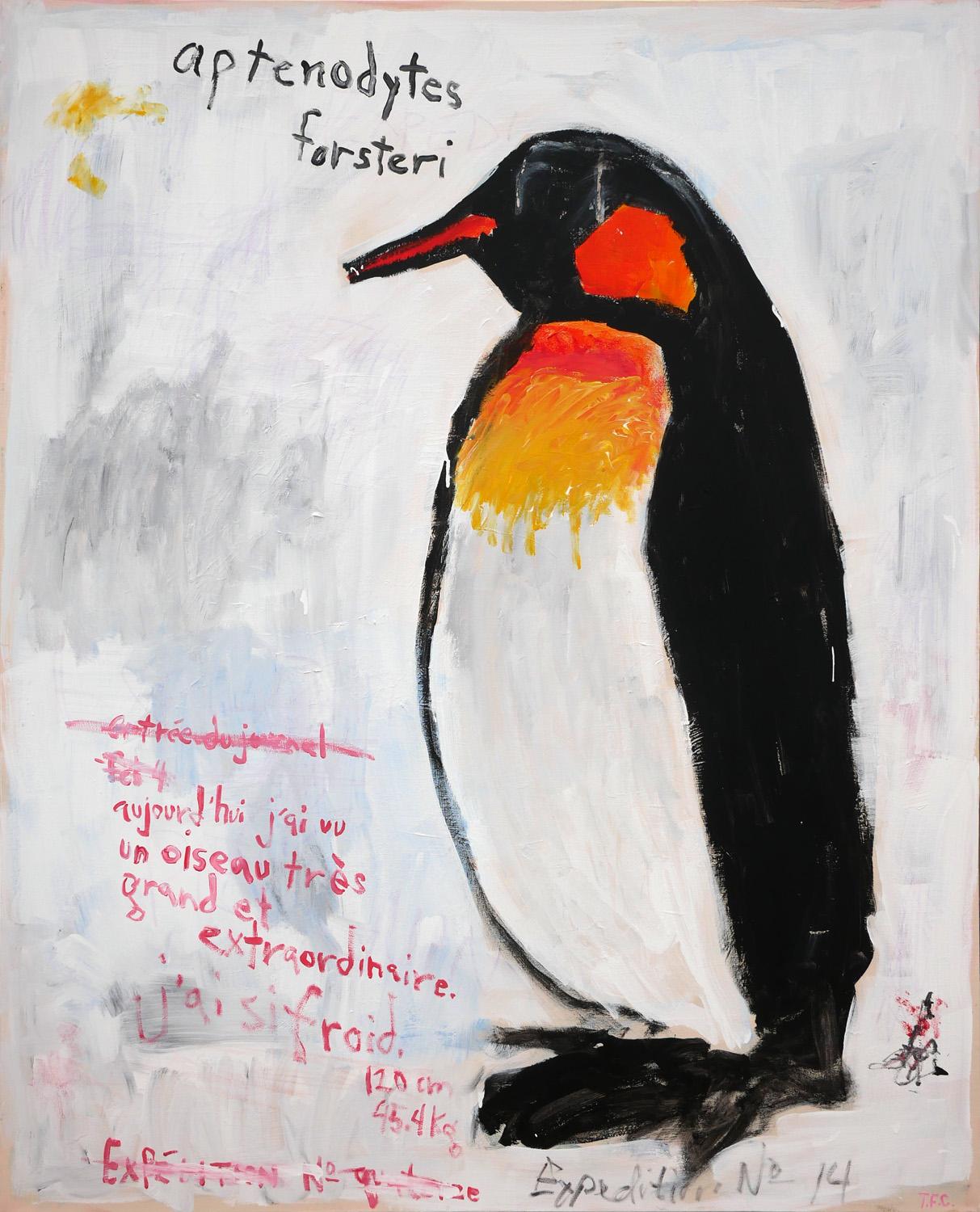 Contemporary pop art painting by Texas / Mexico-based artist Tyler Casey. The work features an abstract painting of a penguin against a blue-gray-toned background with superimposed texts painted in red and black. The superimposed texts painted in