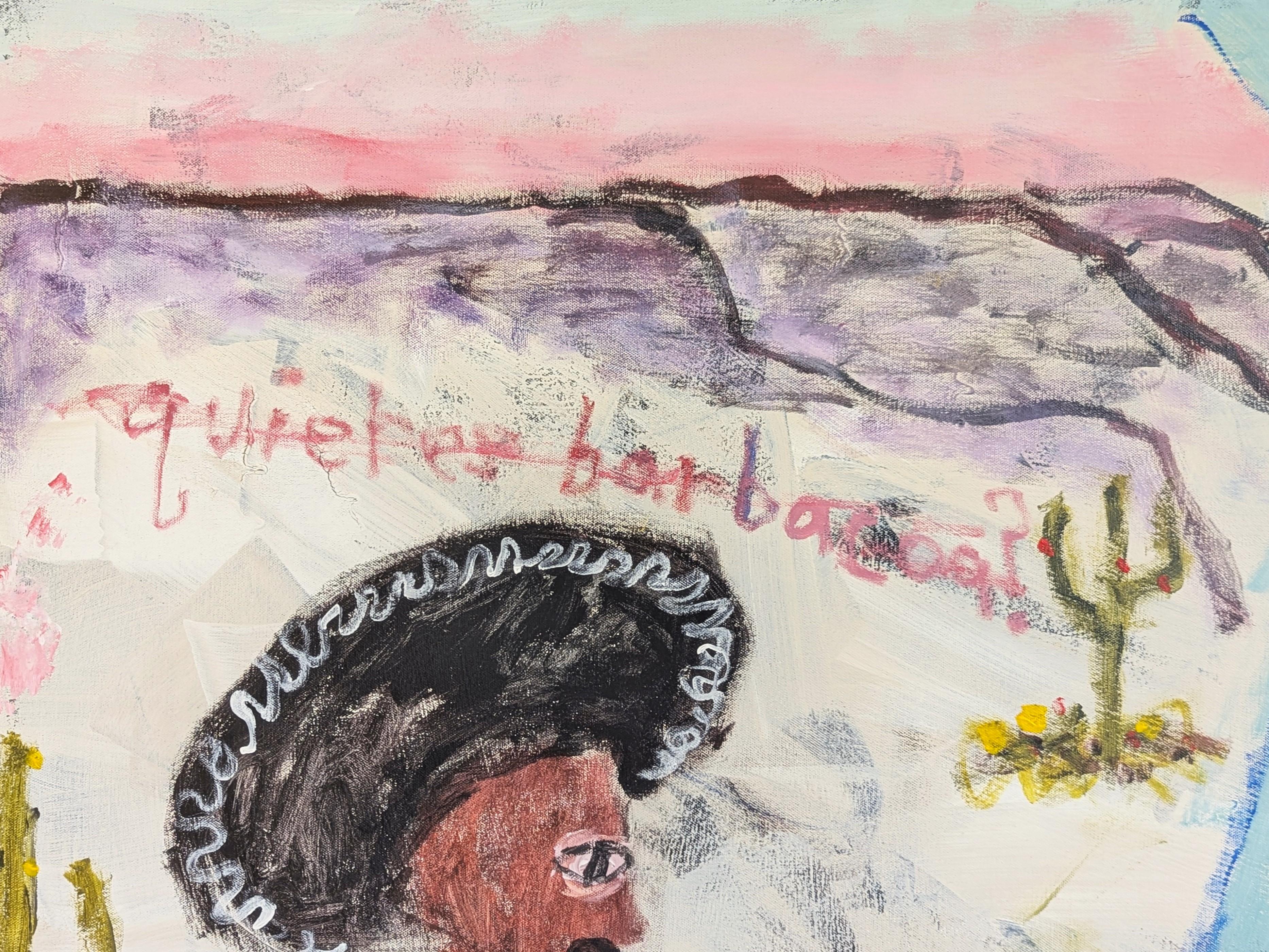 Zeitgenössische gestische abstrakte Malerei des in Texas lebenden Künstlers Tyler Casey. Das Werk zeigt zwei als Cowboy und Vaquero gekleidete Figuren, die auf gegenüberliegenden Seiten eines Flusses stehen. Der Text über der Vaquero-Figur lautet