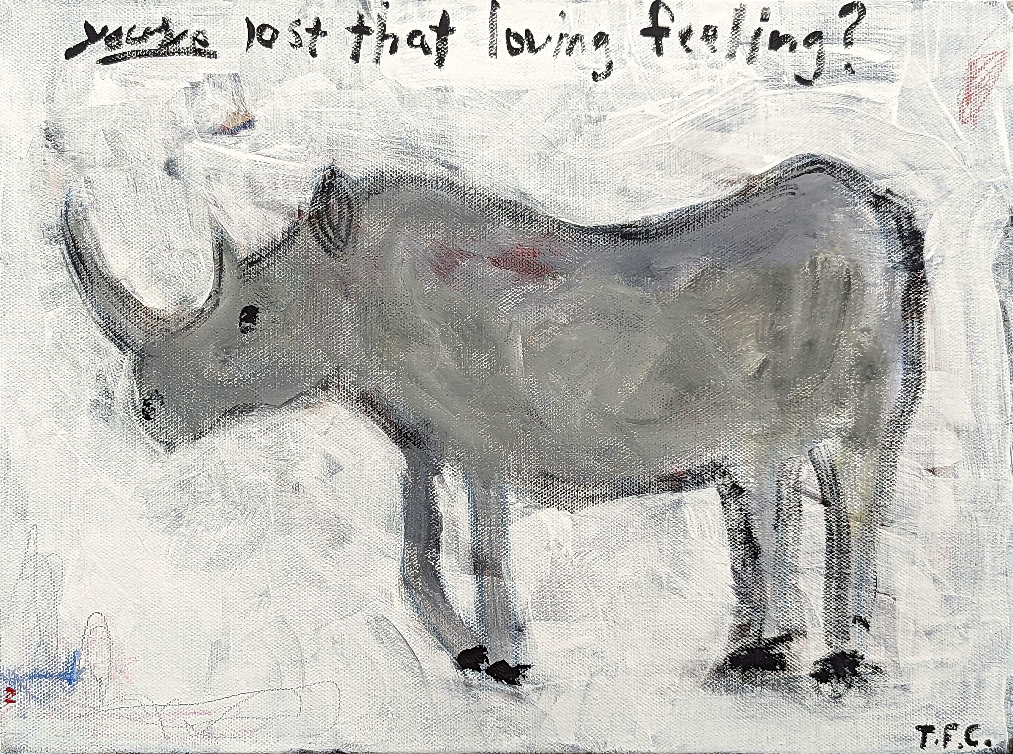 Abstract animal painting by contemporary artist Tyler Casey. The work features a gestural depiction of a rhino with the phrase "you've lost that loving feeling?" written above it. Signed in the front lower right corner. 

Artist Biography: Tyler
