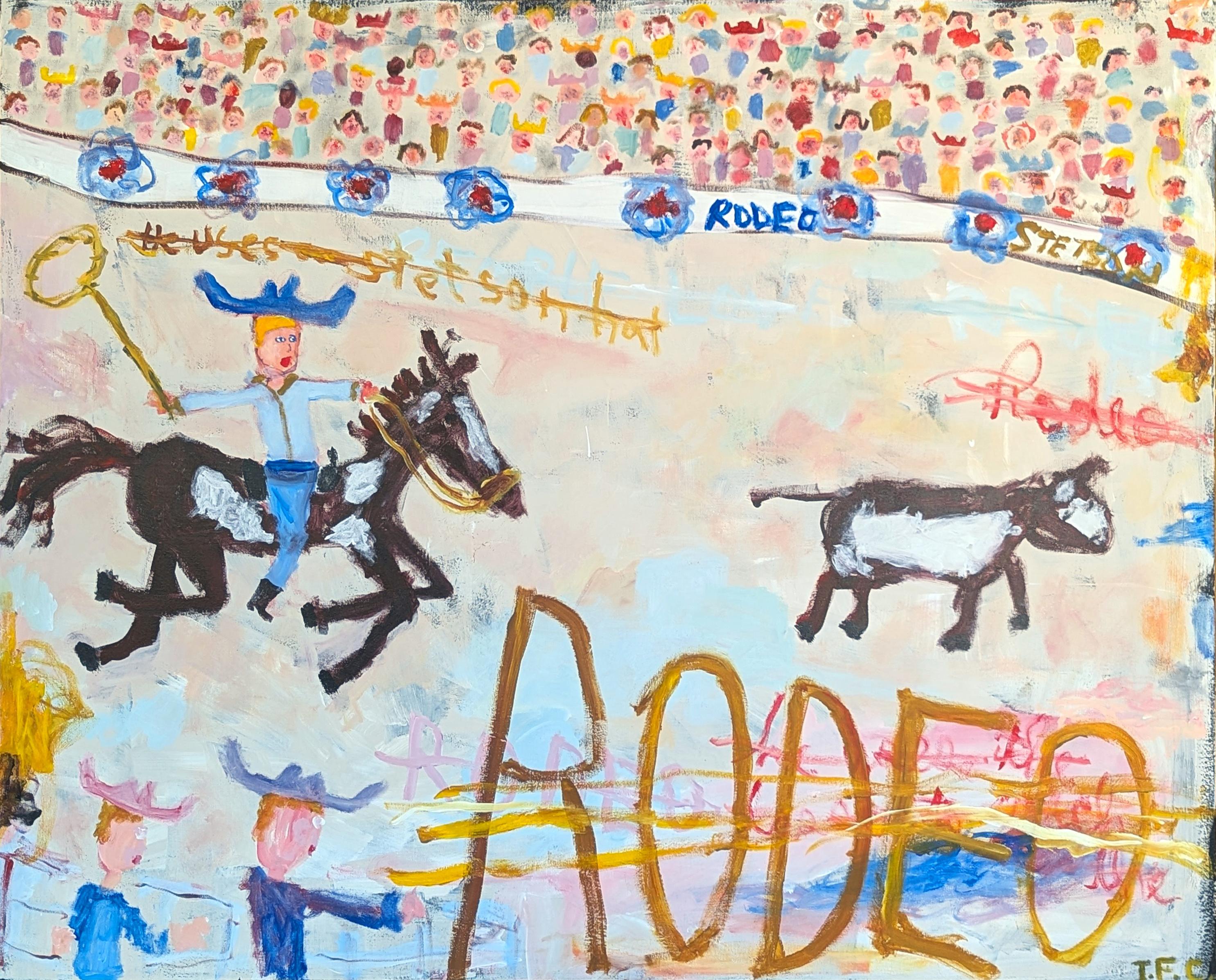 Tyler Casey Figurative Painting – "Rodeo" Contemporary Gestural Abstract Painting eines Cow Roping Cowboys