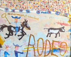 "Rodeo" Pintura abstracta contemporánea gestual de un vaquero montando una vaca