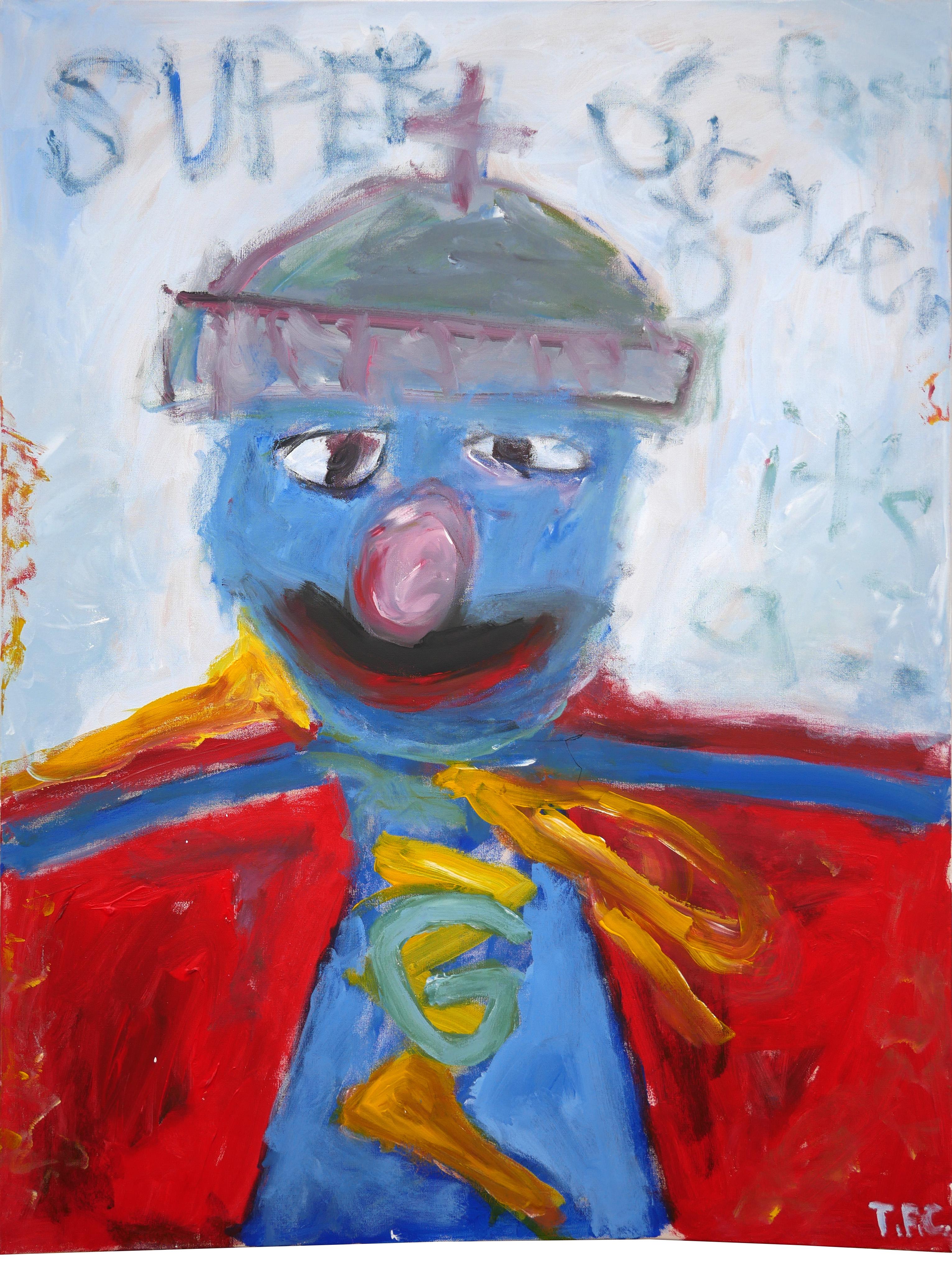 Figurative Painting di Tyler Casey - "Super Grover" Pittura pop art astratta contemporanea del personaggio di Sesame Street