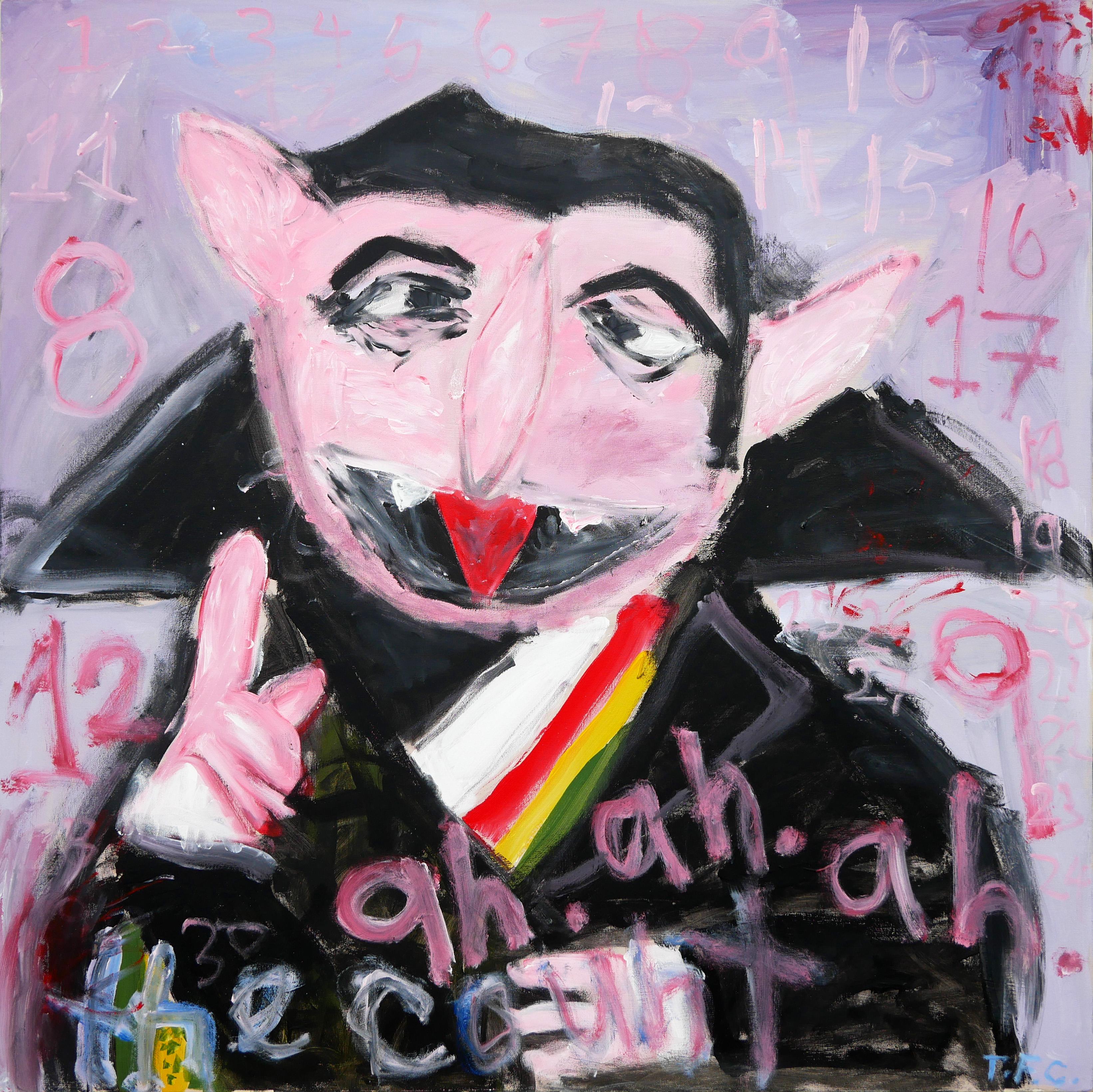 Tyler Casey Figurative Painting - "The Count" Contemporary Abstract Pop Art Painting of Sesame Street Character 