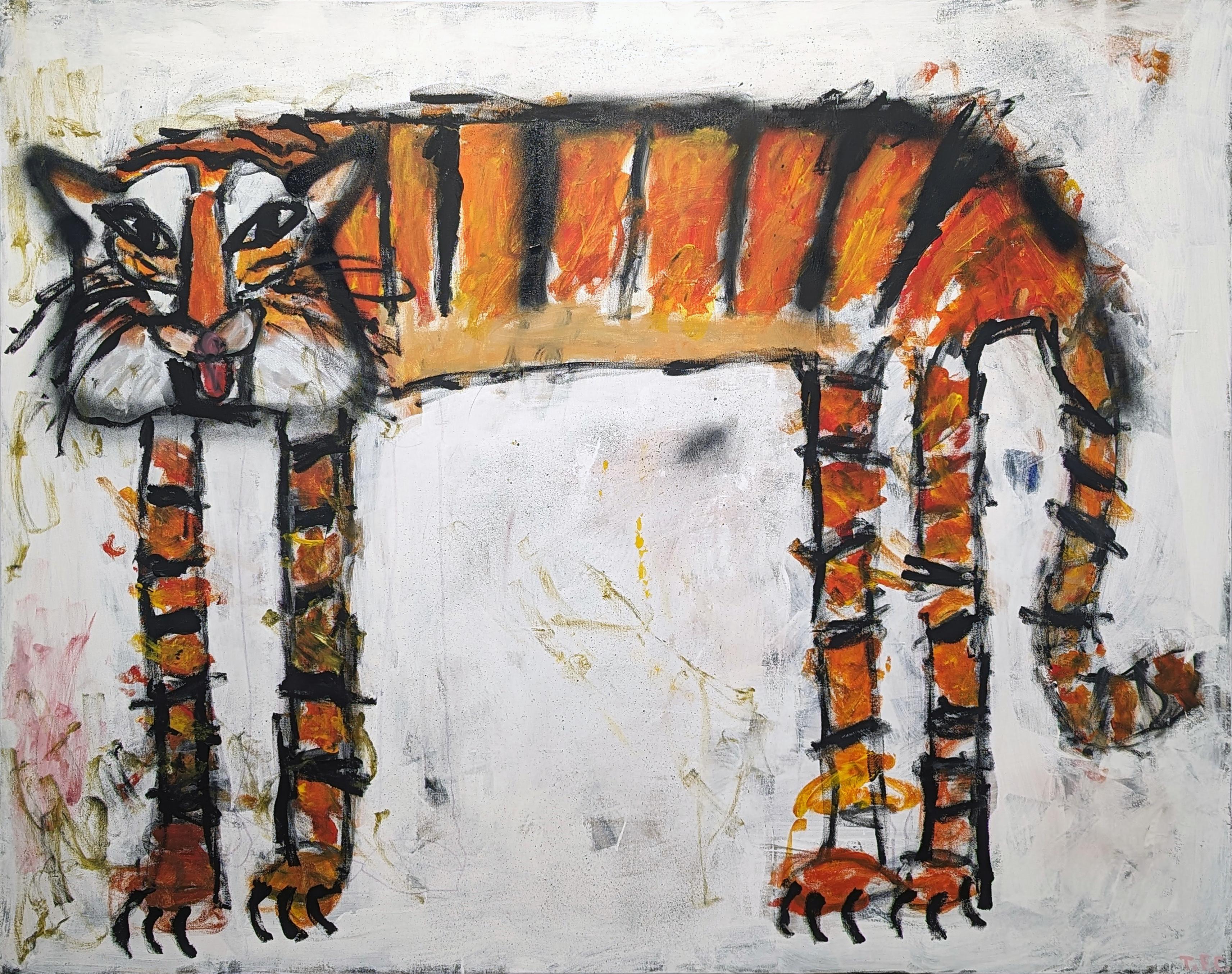 "Tiger" Peinture abstraite contemporaine d'animaux Pop Art dans les tons orange et noir