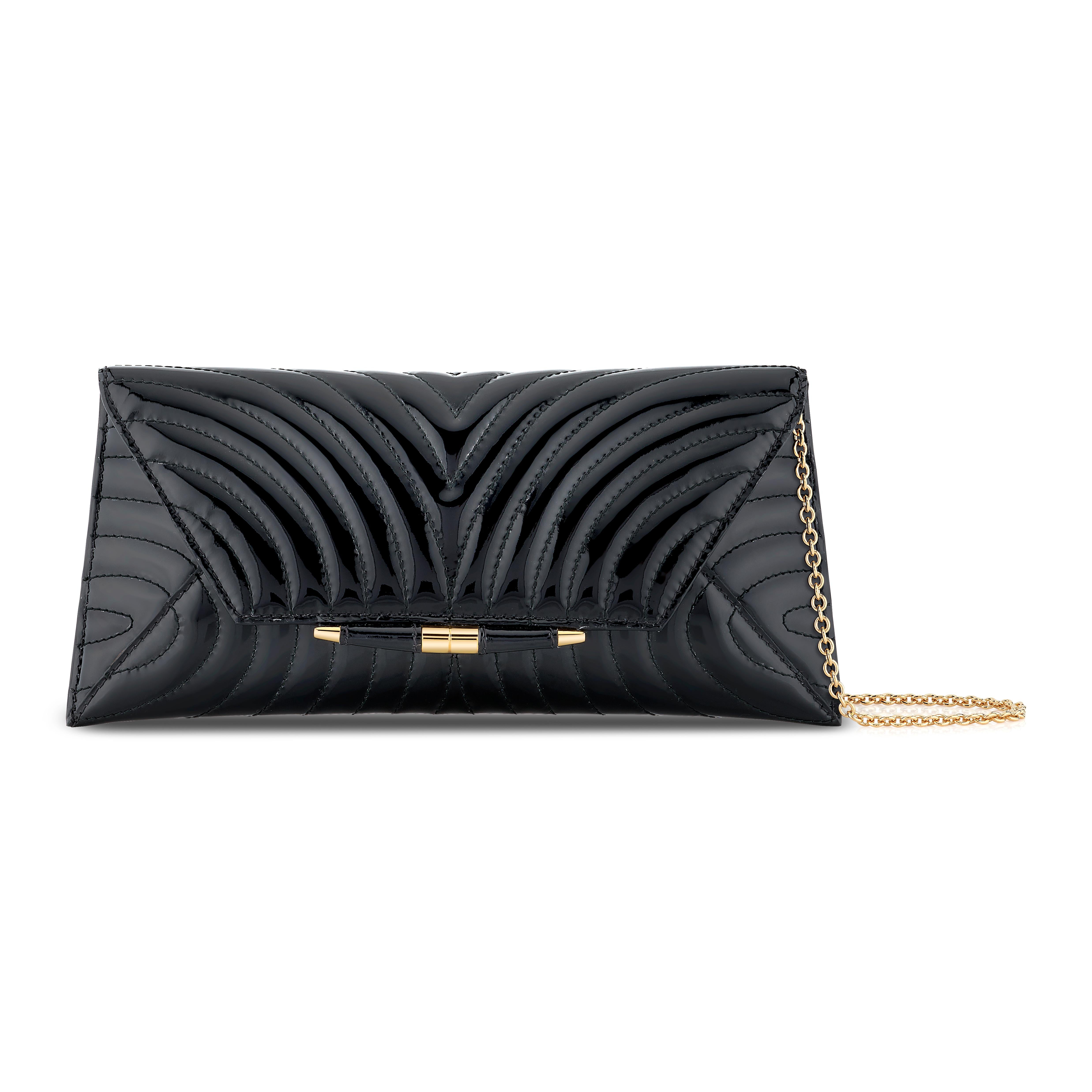 TYLER ELLIS Aimee Clutch in Black Quilted Patent Leather with Gold Hardware In New Condition In Los Angeles, CA
