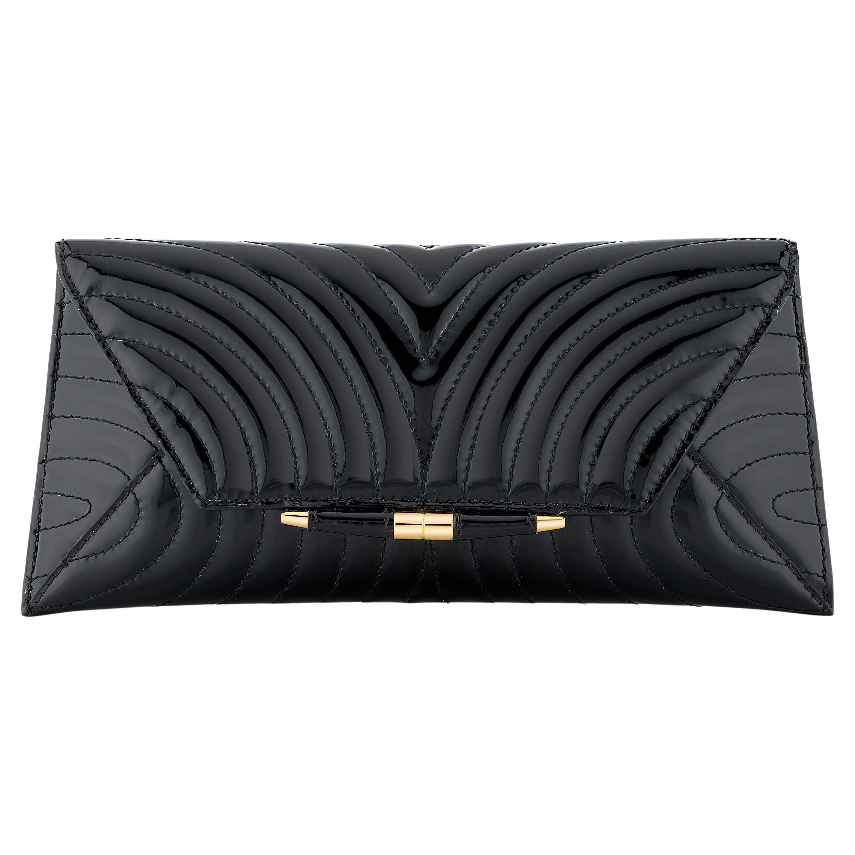 TYLER ELLIS Aimee Clutch in Black Quilted Patent Leather with Gold Hardware