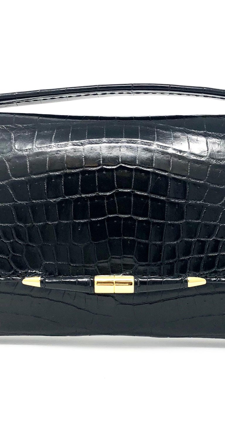 TYLER ELLIS Aimee Clutch Large Black Noir Crocodile Gold Hardware In New Condition For Sale In Los Angeles, CA