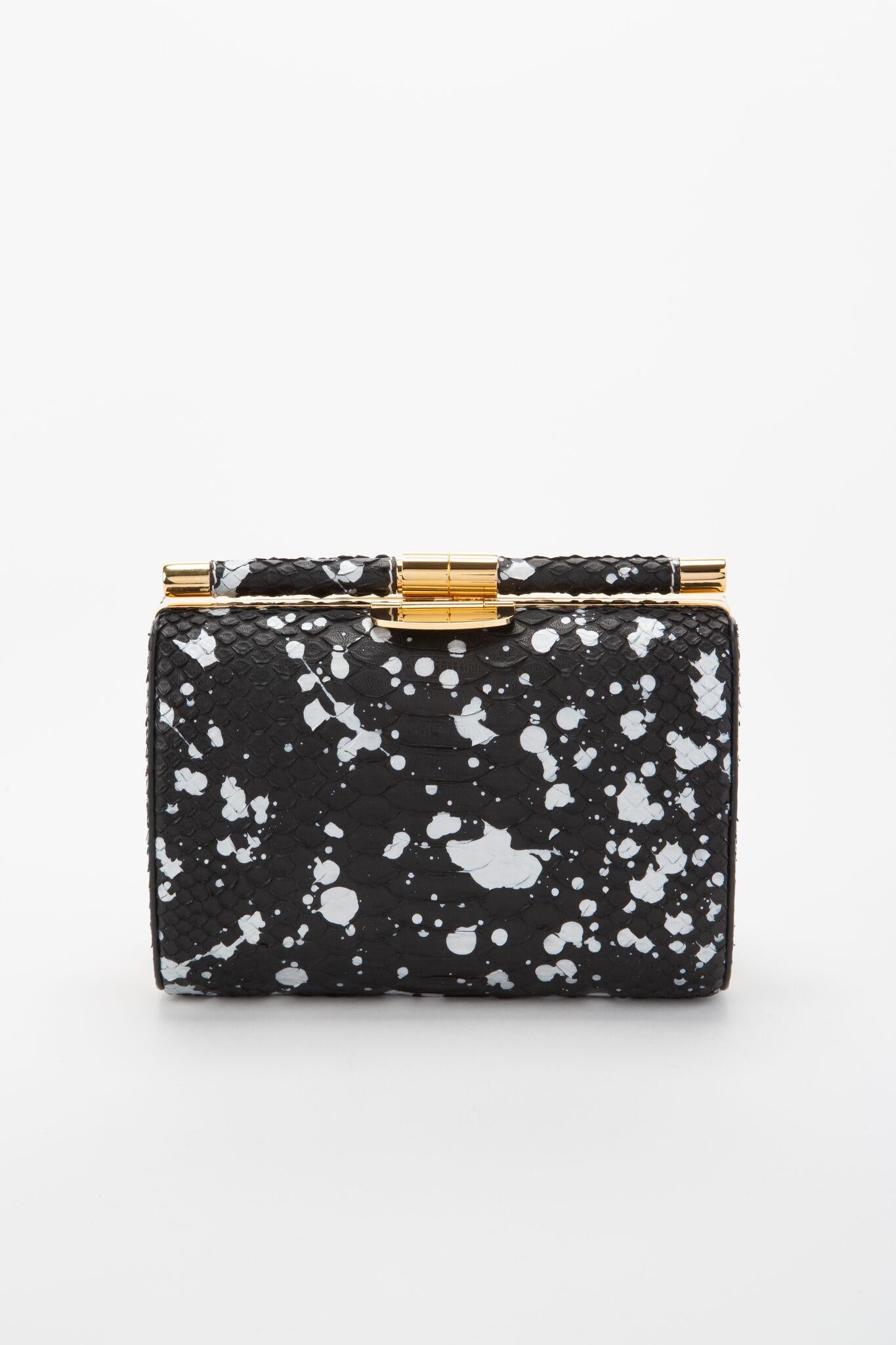 TYLER ELLIS Anjuli Clutch Medium Black/White Splash Python Gold Hardware In New Condition In Los Angeles, CA