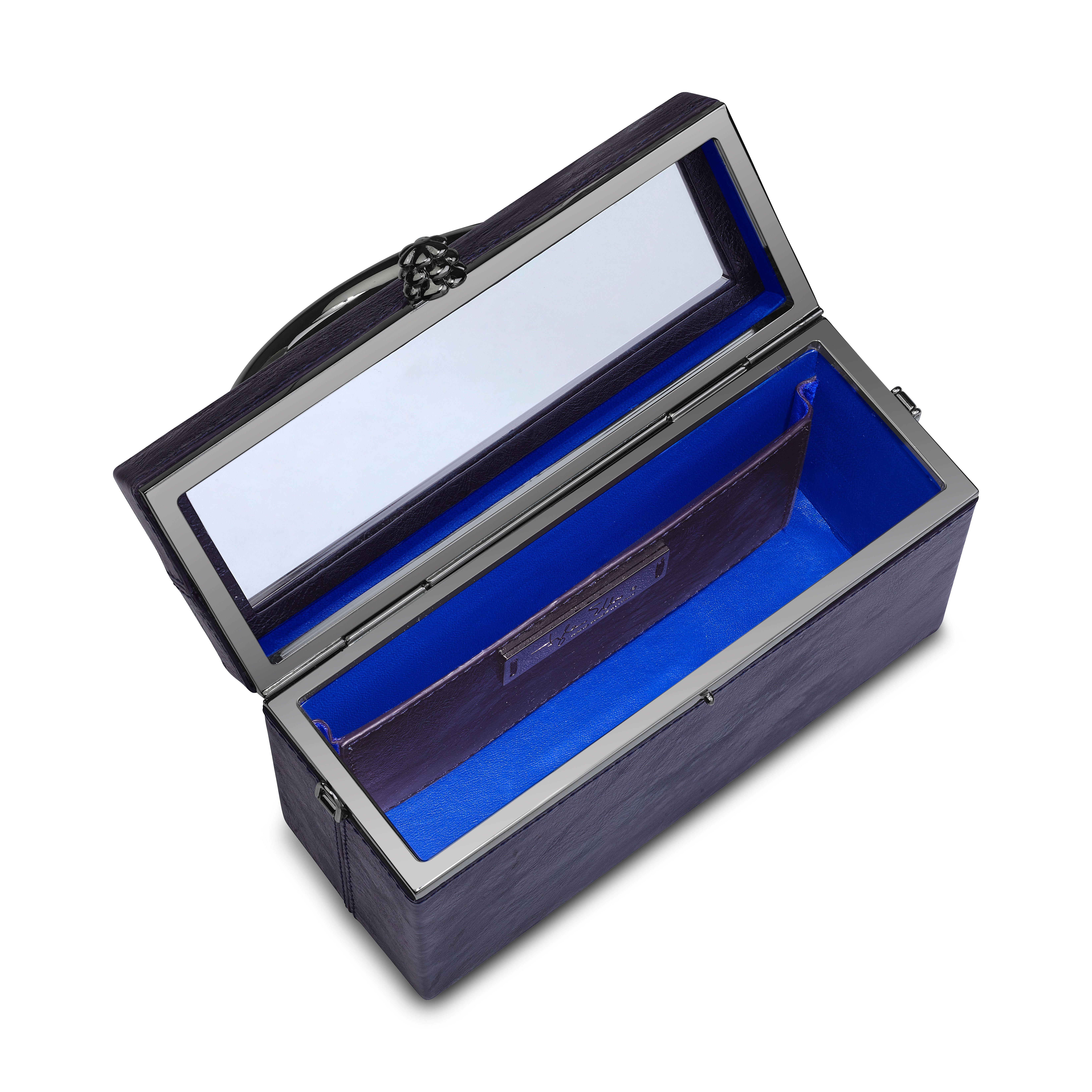 TYLER ELLIS Ava Box in Sapphire Blue Antiqued Leather with Gunmetal Handle  In New Condition In Los Angeles, CA