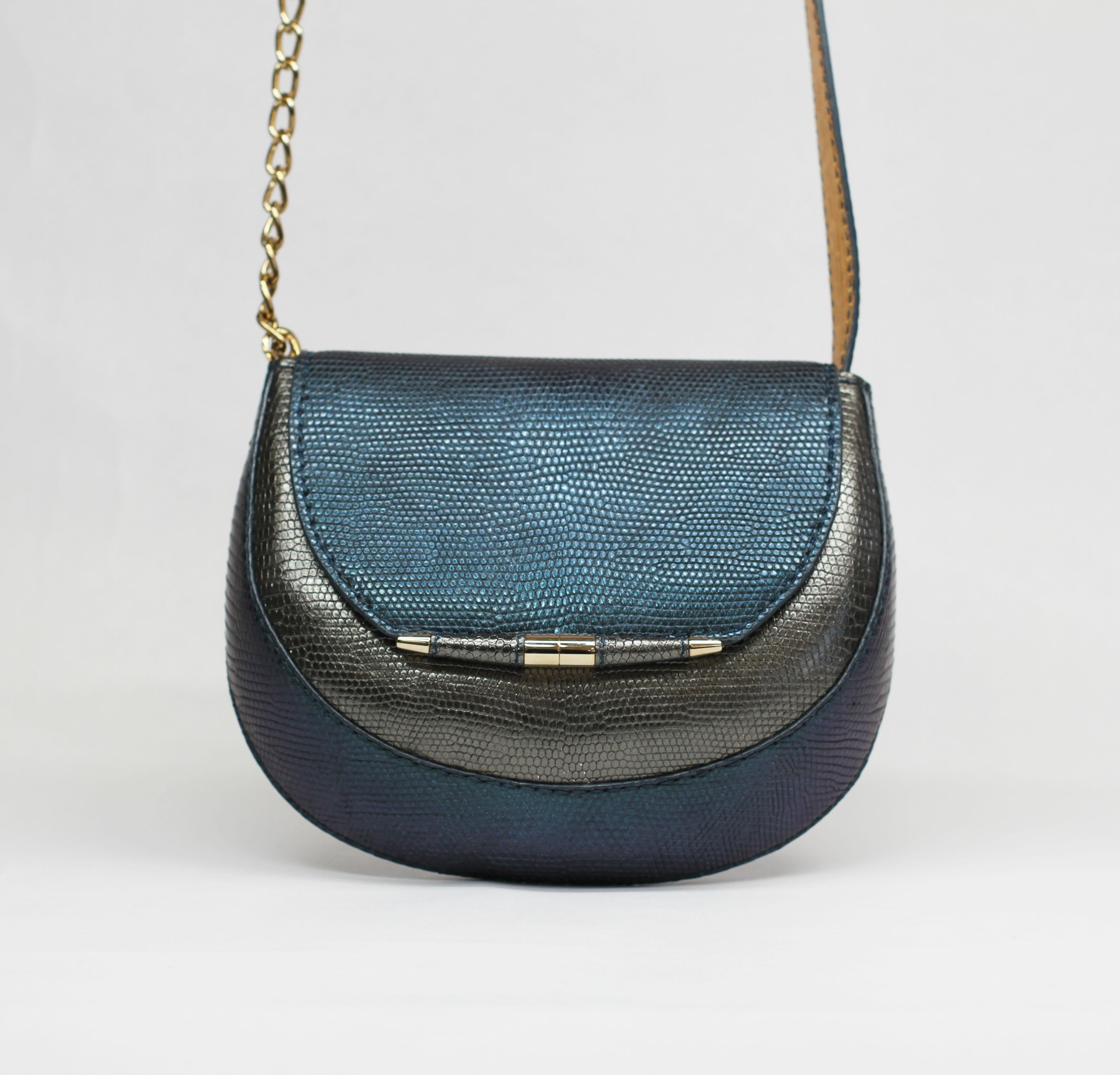 TYLER ELLIS Barbara Clutch Small Charcoal/Deep Blue Lizard Gold Hardware In New Condition In Los Angeles, CA