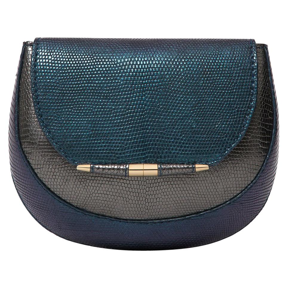 TYLER ELLIS Barbara Clutch Small Charcoal/Deep Blue Lizard Gold Hardware