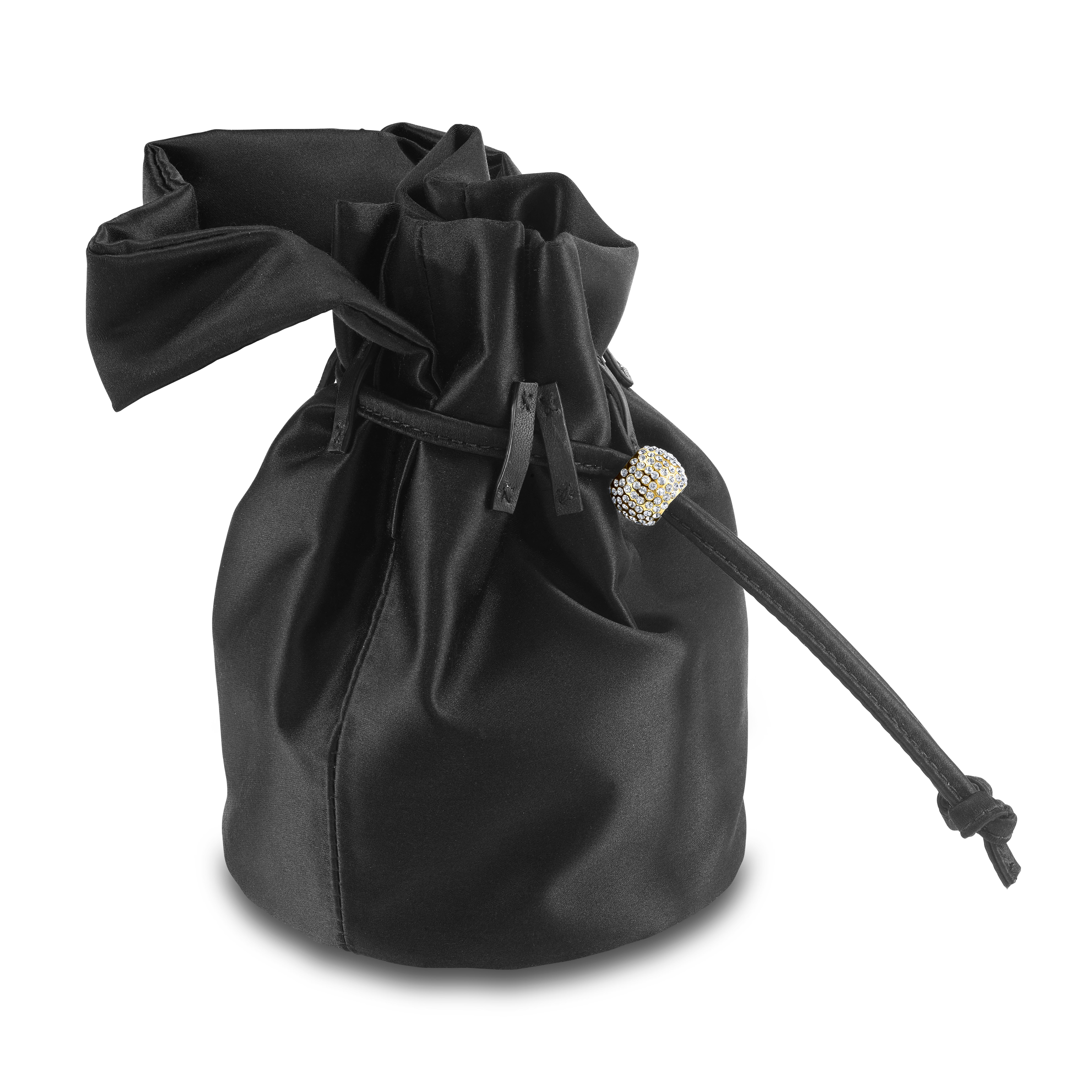 The Grace Mini is featured in our Black Onyx satin. This soft pouch has a satin handle and drawstring closure. The closure is embellished with Swarovski crystals and gold hardware. It fits the large iPhone, has interior card slots and features our