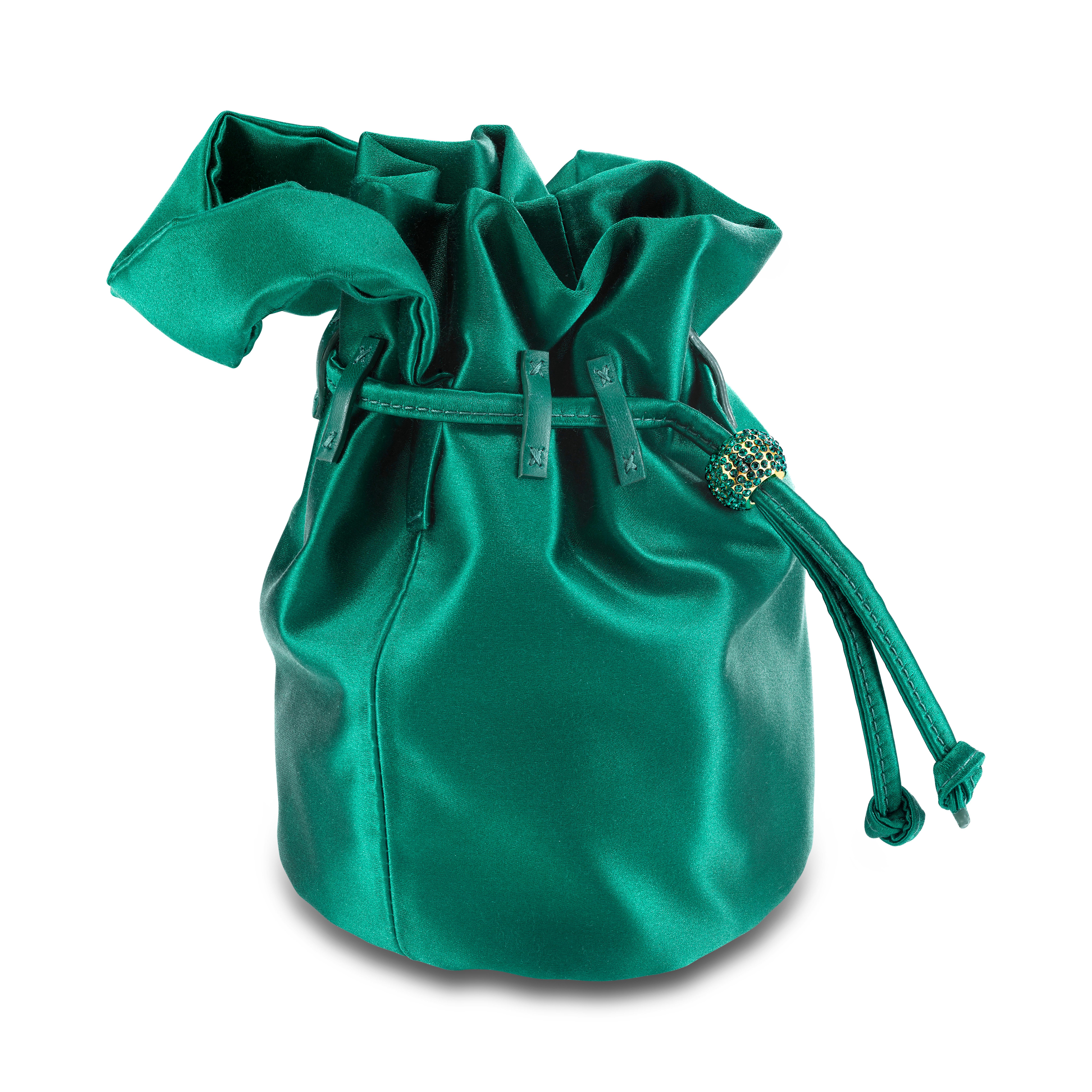 The Grace Mini is featured in our Emerald satin. This soft pouch has a satin handle and drawstring closure. The closure is embellished with Swarovski crystals and gold hardware. It fits the large iPhone, has interior card slots and features our