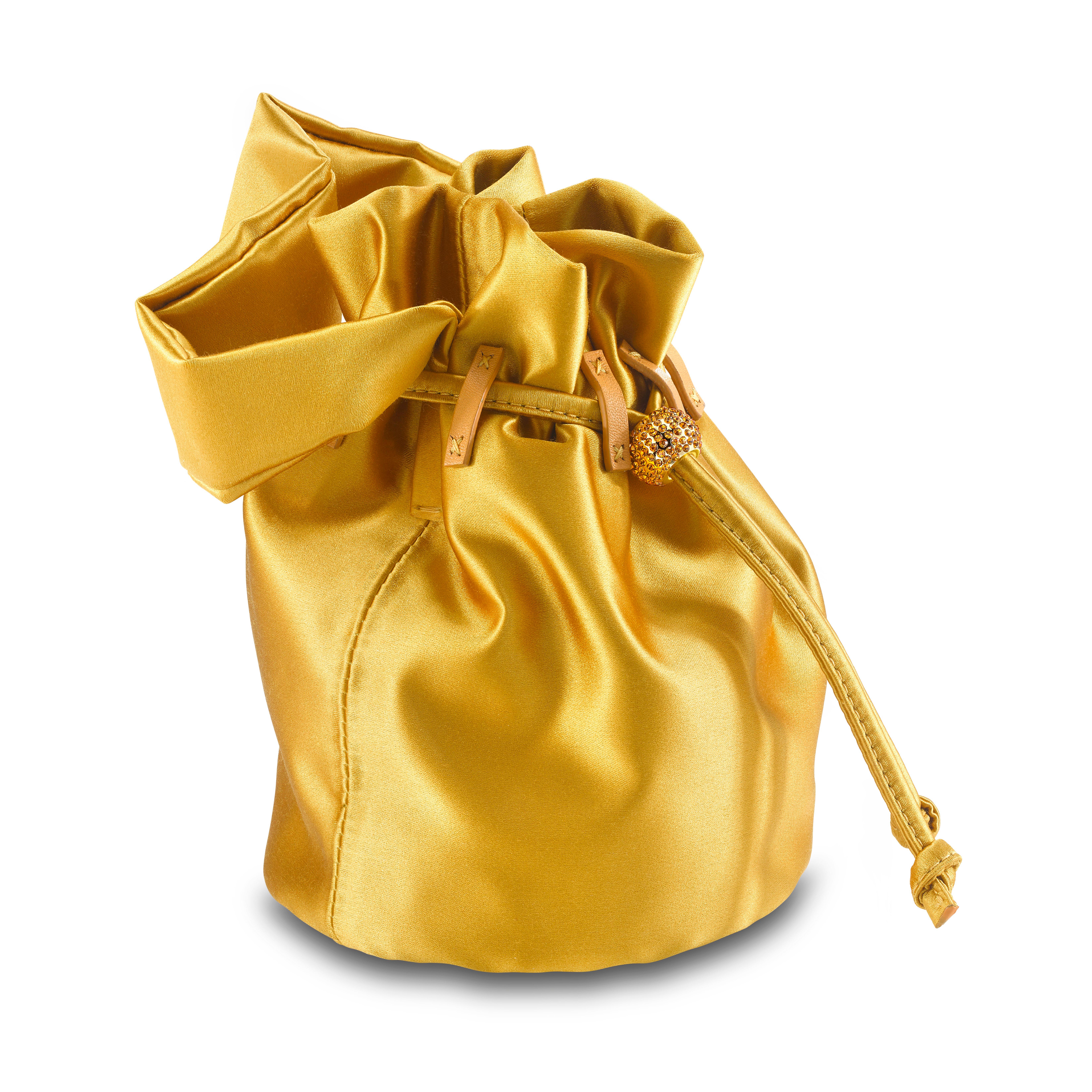 The Grace Mini is featured in our Canary satin. This soft pouch has a satin handle and drawstring closure. The closure is embellished with Swarovski crystals and gold hardware. It fits the large iPhone, has interior card slots and features our
