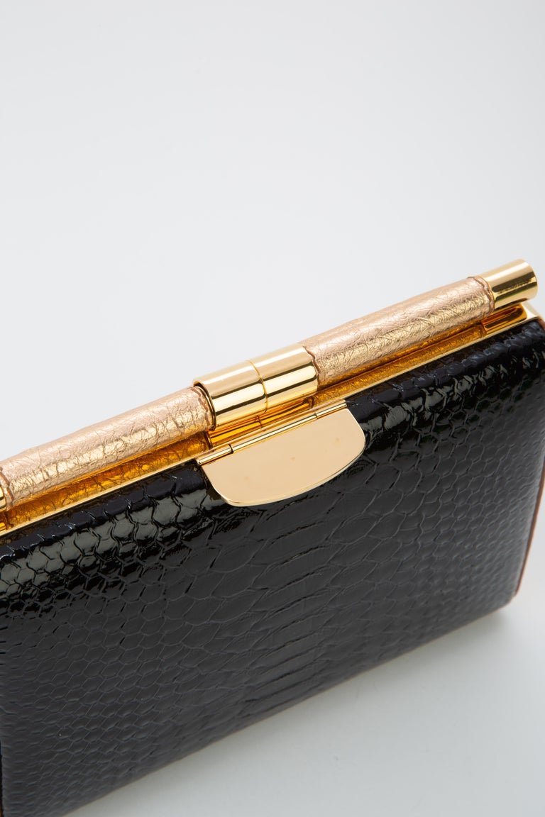 TYLER ELLIS Jamie Clutch Small Black Patent Python + Gold Ostrich Gold Hardware In New Condition For Sale In Los Angeles, CA