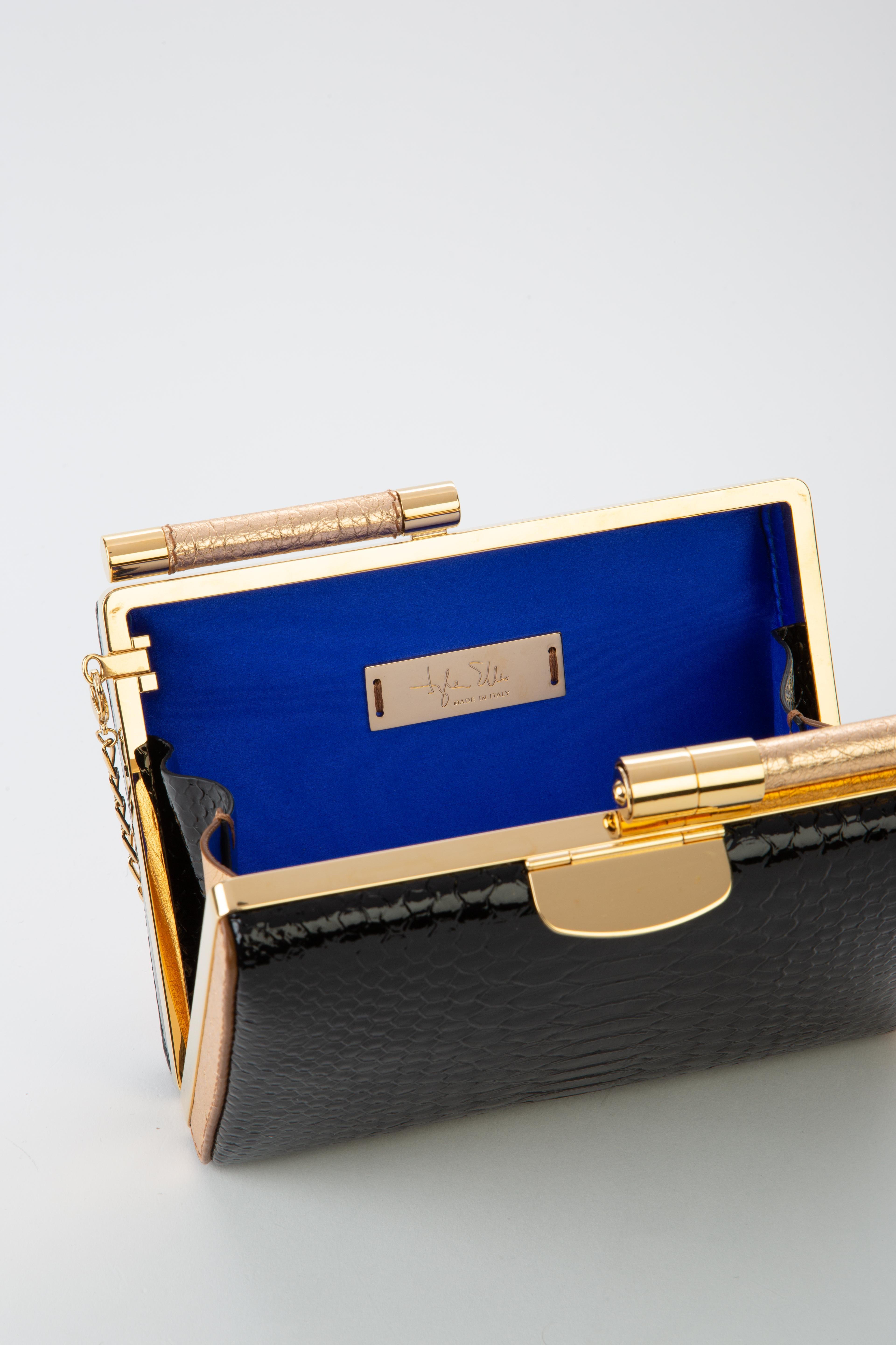 Women's TYLER ELLIS Jamie Clutch Small Black Patent Python + Gold Ostrich Gold Hardware
