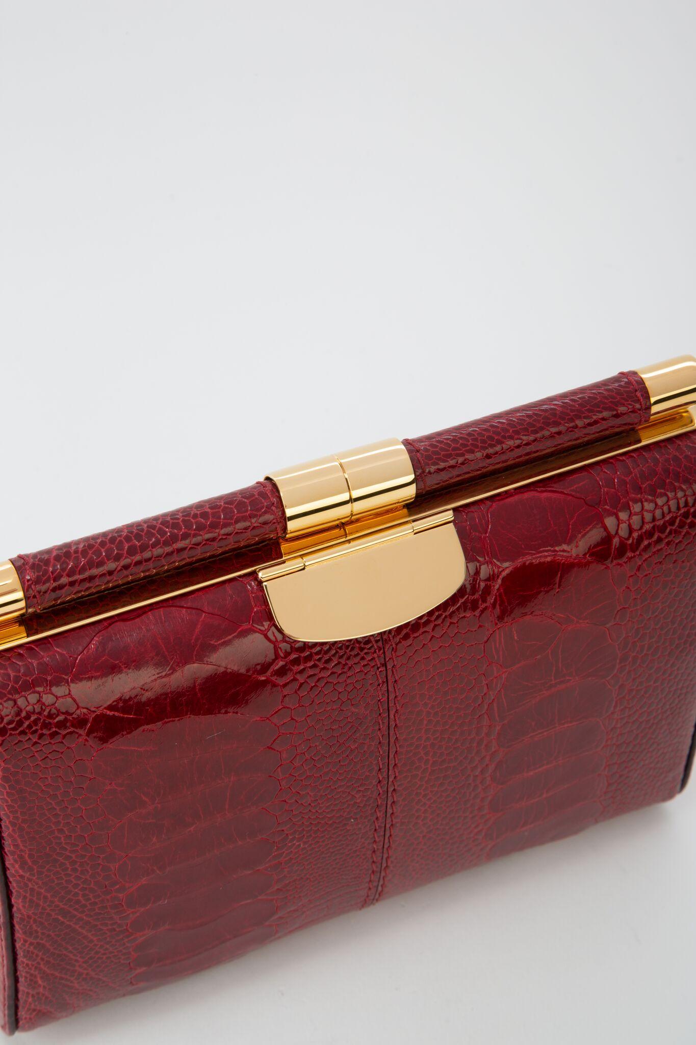 TYLER ELLIS Jamie Clutch Small Deep Red Ostrich Leg Gold Hardware In New Condition In Los Angeles, CA