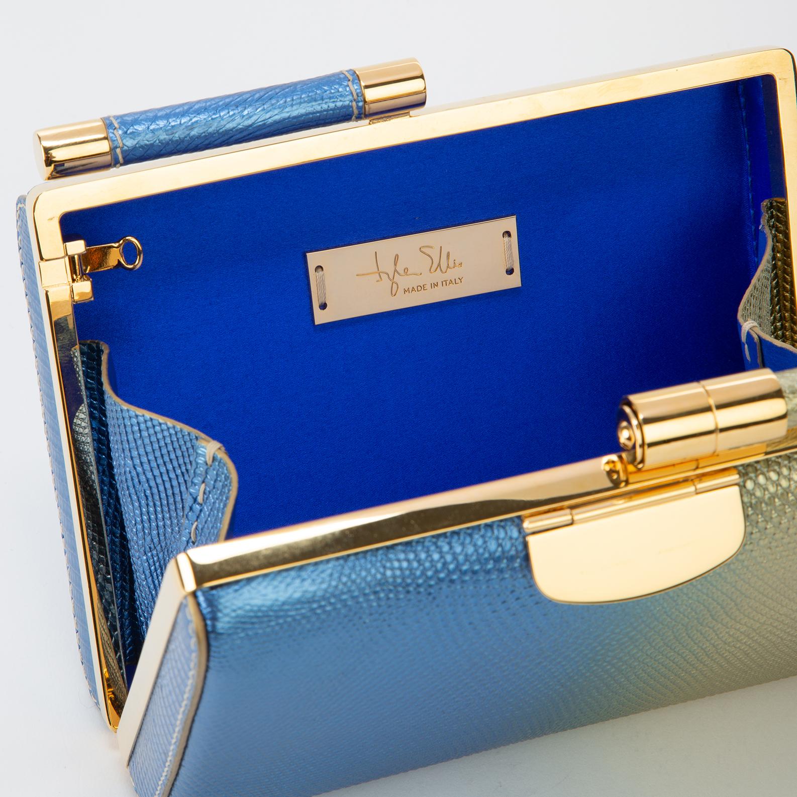 TYLER ELLIS Jamie Clutch Small Gold/Blue Bichrome Lizard Gold Hardware In New Condition In Los Angeles, CA
