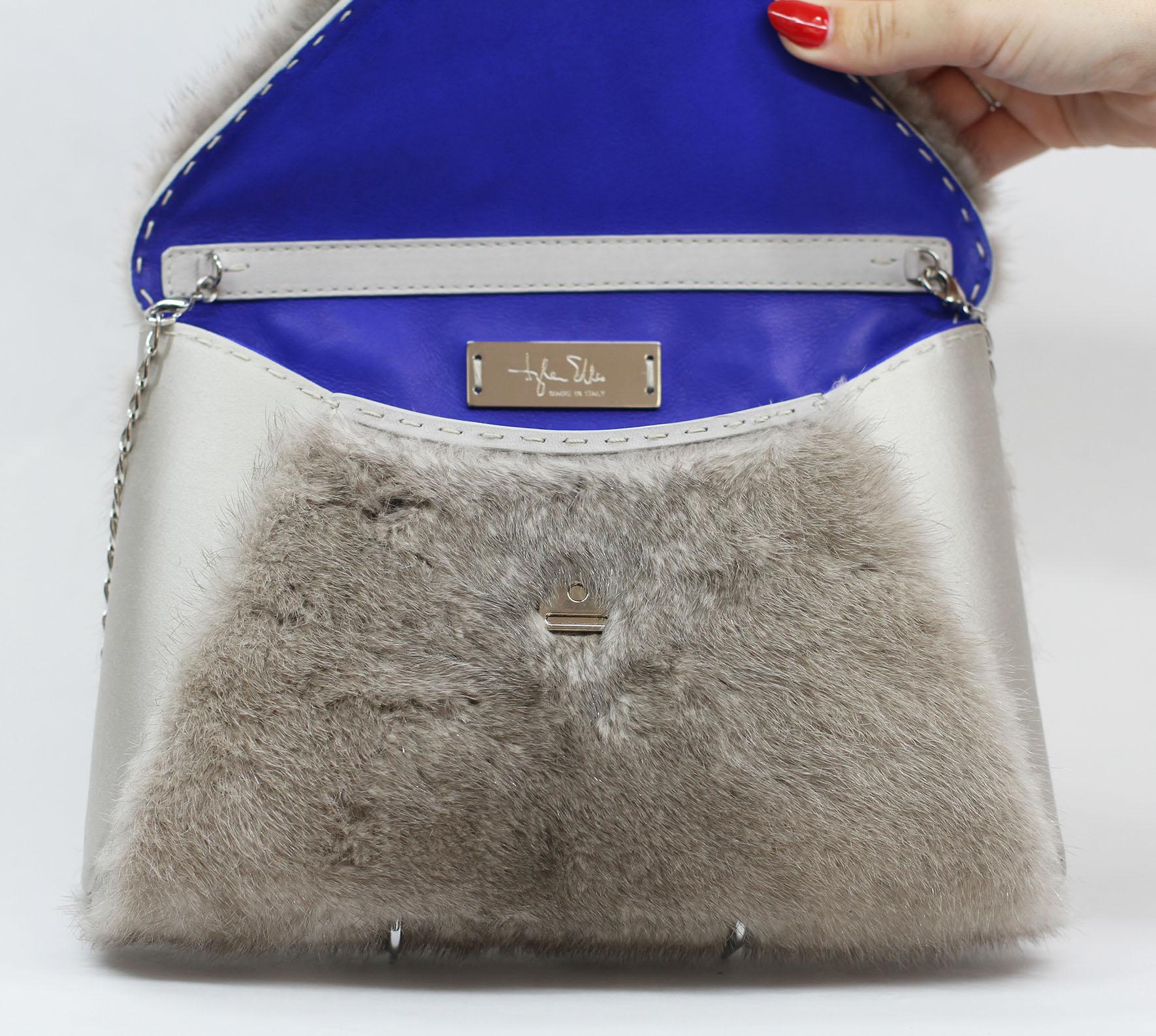 TYLER ELLIS Lee Pouchet Large Silver Mink and Satin Silver Hardware In New Condition In Los Angeles, CA