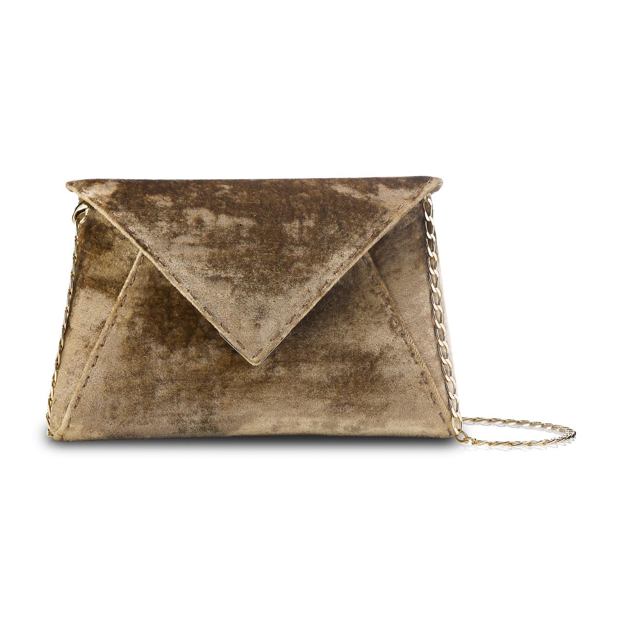 The Lee Pouchet Small is featured in our Antique Bronze crushed velvet with gold hardware. The envelope-shaped clutch is designed with a triangular front flap and a magnetic snap closure. The Lee fits the large iPhone, has a hidden exterior pocket,