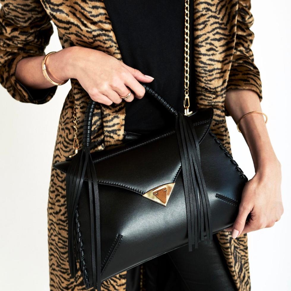 black handbag with rose gold hardware