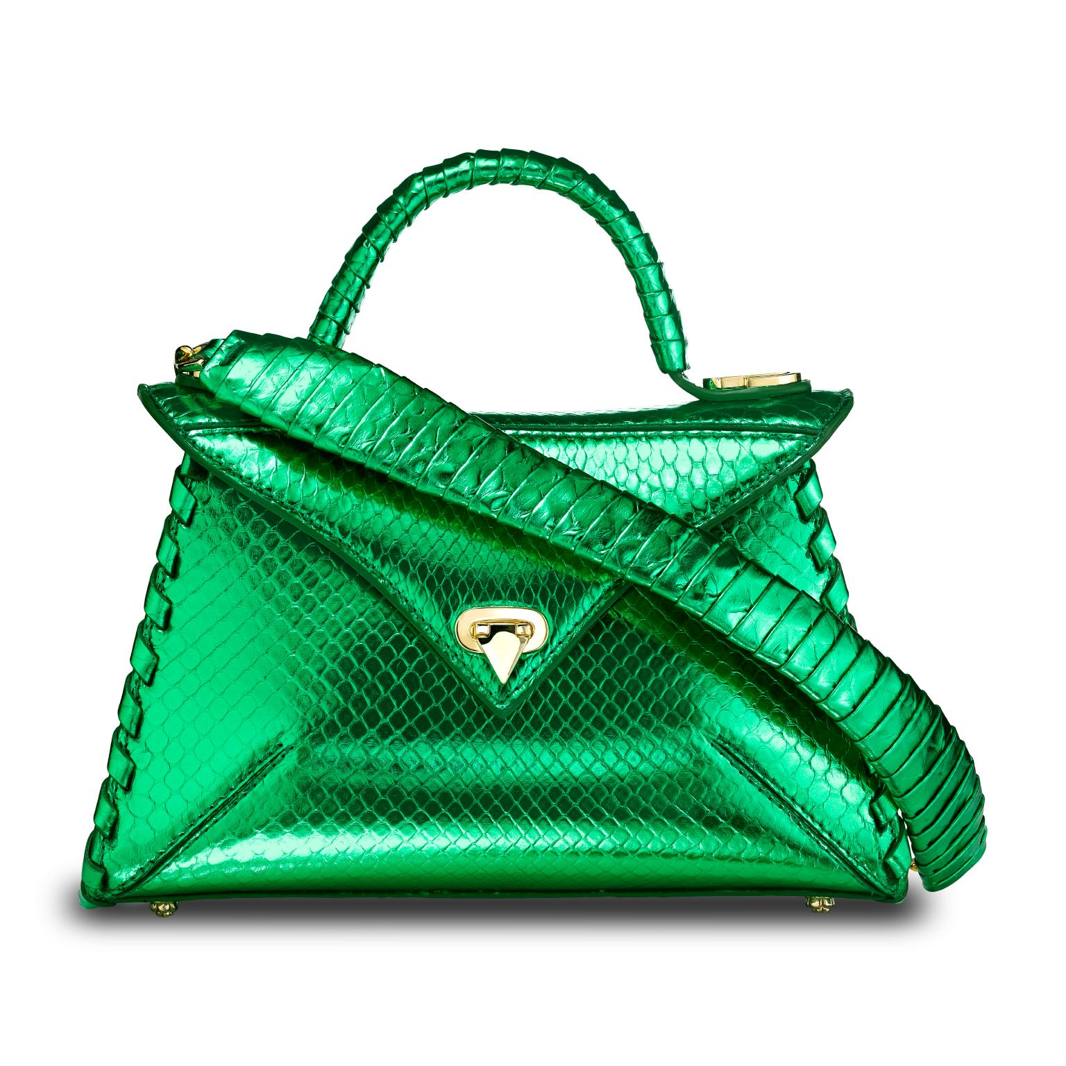 The LJ handbag small is featured in our Kryptonite Python with gold hardware. This semi-structured handbag has a triangular front-flap and our custom Spear-lock Closure. It is designed with a python-wrapped top-handle, handmade “whip-stitch” detail