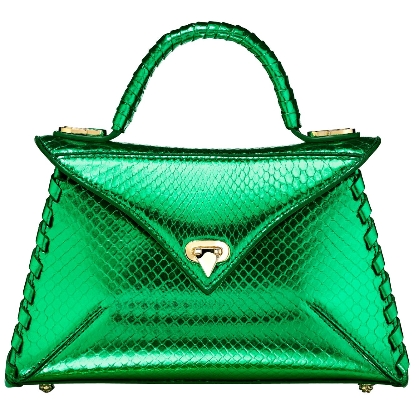 TYLER ELLIS LJ Handbag Small Bright Green Python Gold Hardware