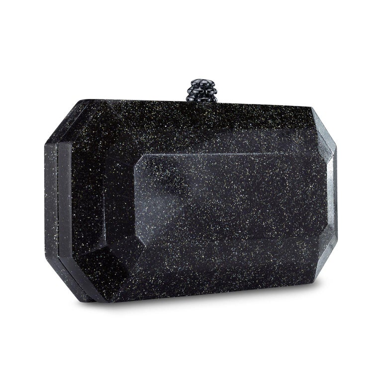 TYLER ELLIS Perry Clutch Small in Black Glitter Plexi with Gunmetal Hardware In New Condition For Sale In Los Angeles, CA