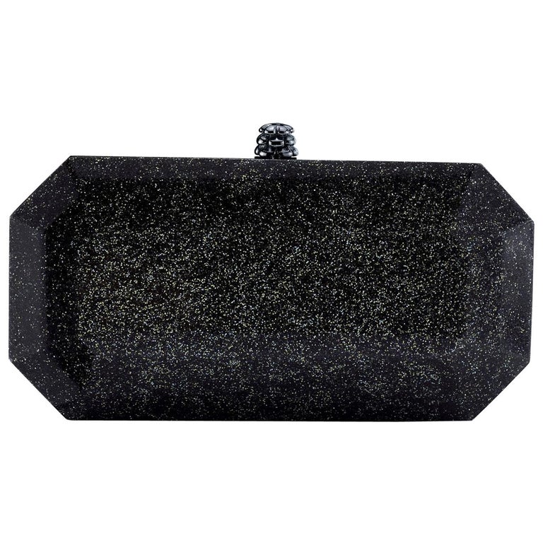 TYLER ELLIS Perry Clutch Small in Black Glitter Plexi with Gunmetal Hardware For Sale