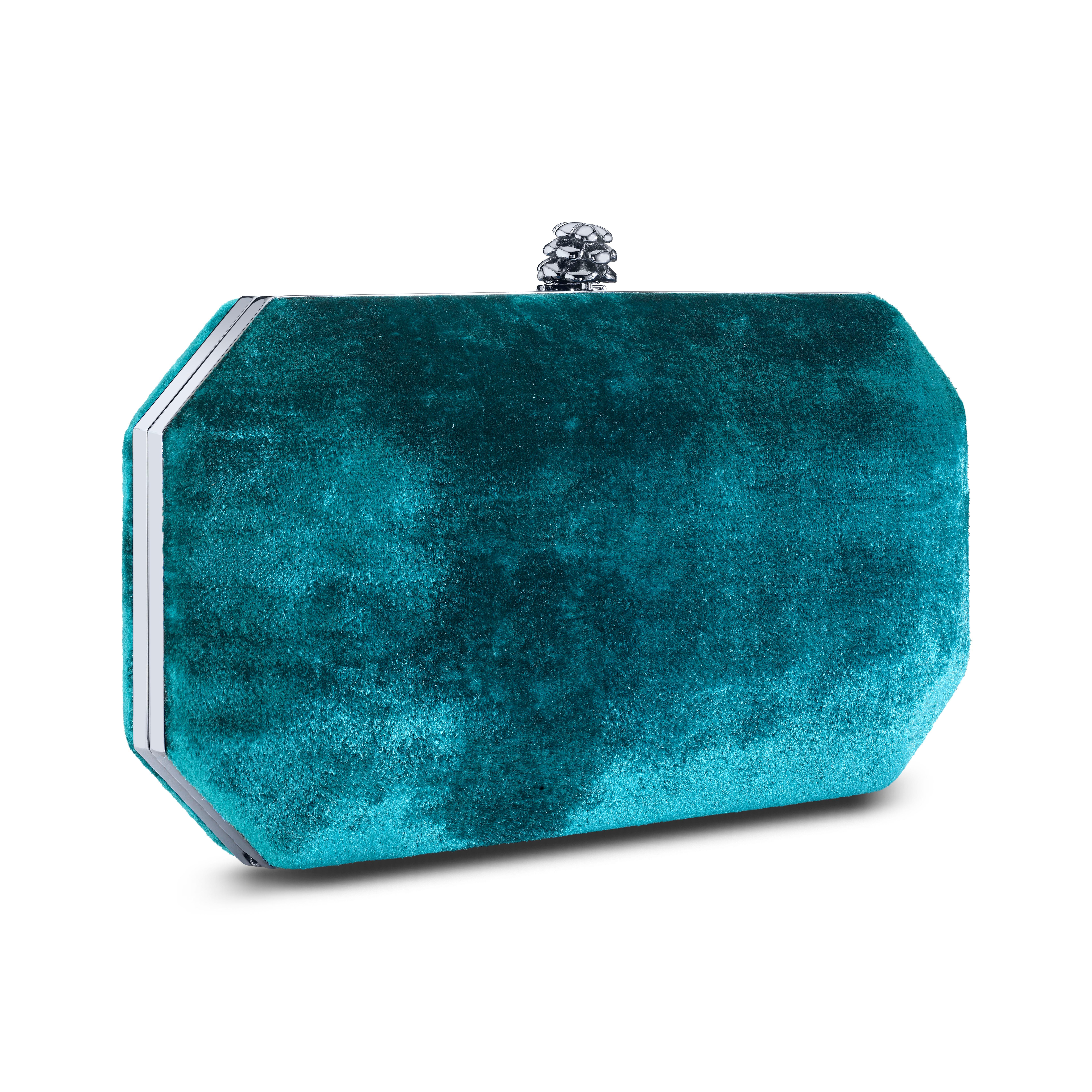TYLER ELLIS Perry Small Clutch Blue-Green Crushed Velvet Gunmetal Hardware In New Condition In Los Angeles, CA