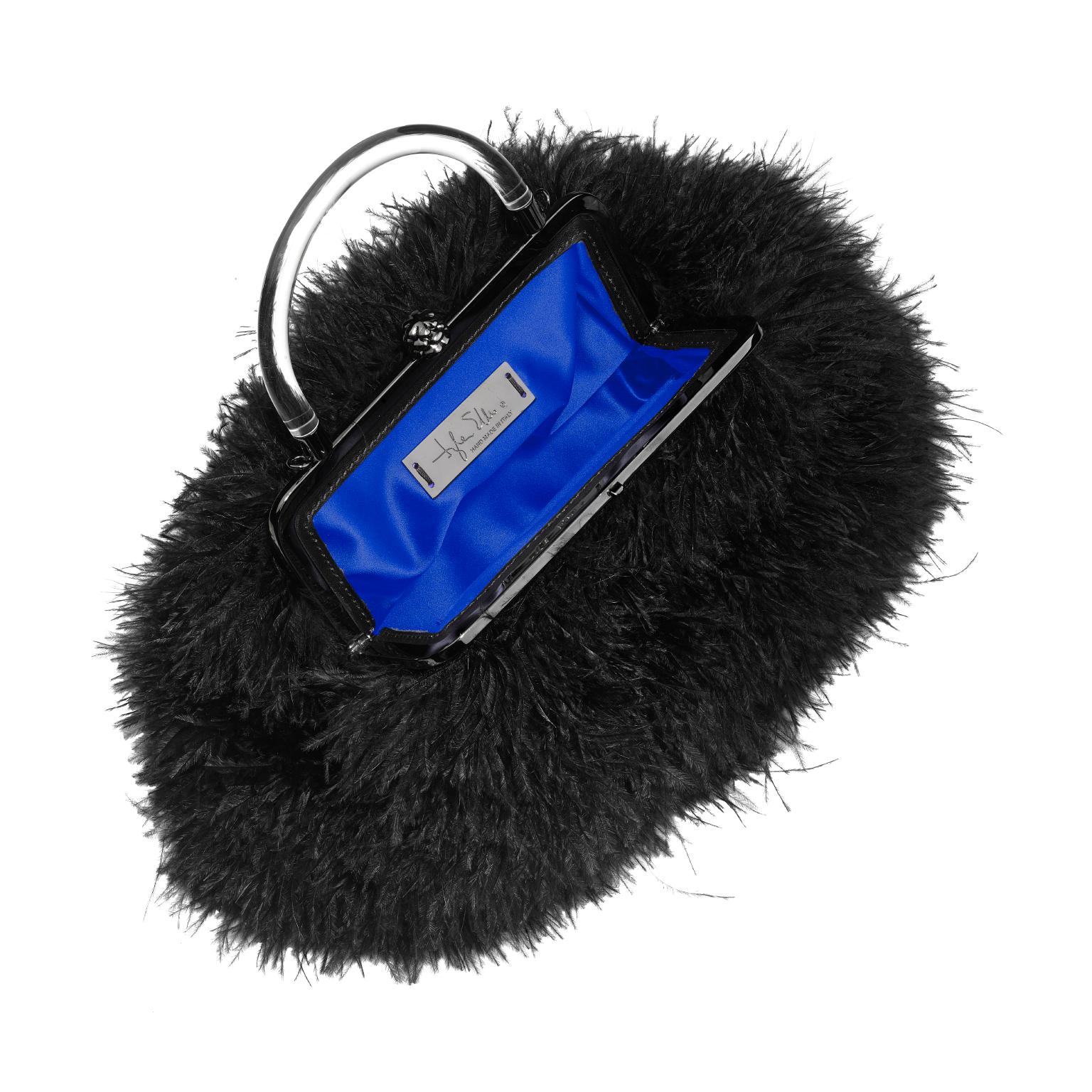 TYLER ELLIS Mohnblumenhandtasche mit schwarzen Straußenfedern und Rotgussbeschlägen (Schwarz) im Angebot
