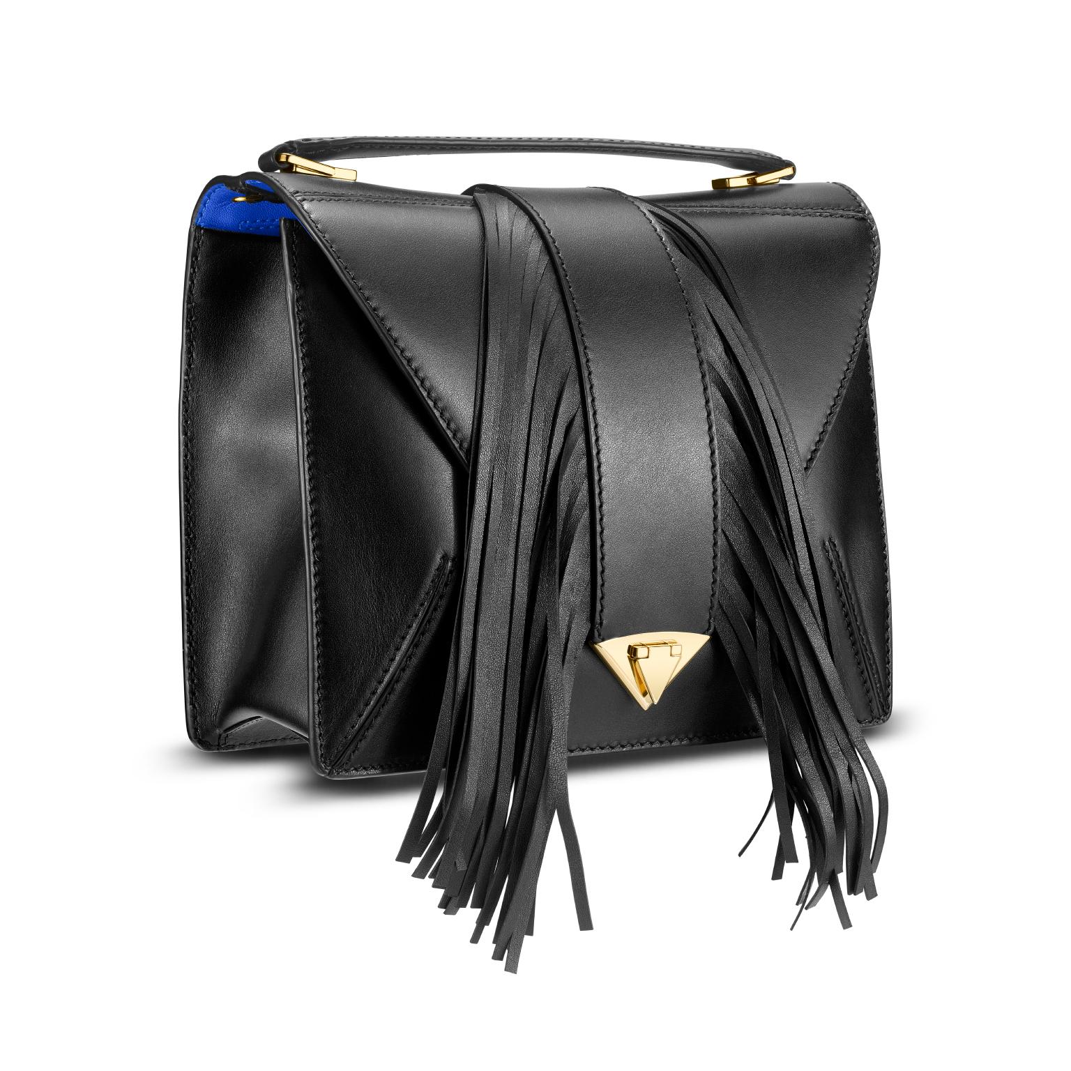 The Rita is featured in Jet Black Leather with fringe detail and gold hardware. This semi-structured handbag has a triangular front-flap, fringe detail and our custom Spear-lock Closure. It is designed with a flexible top handle and an optional