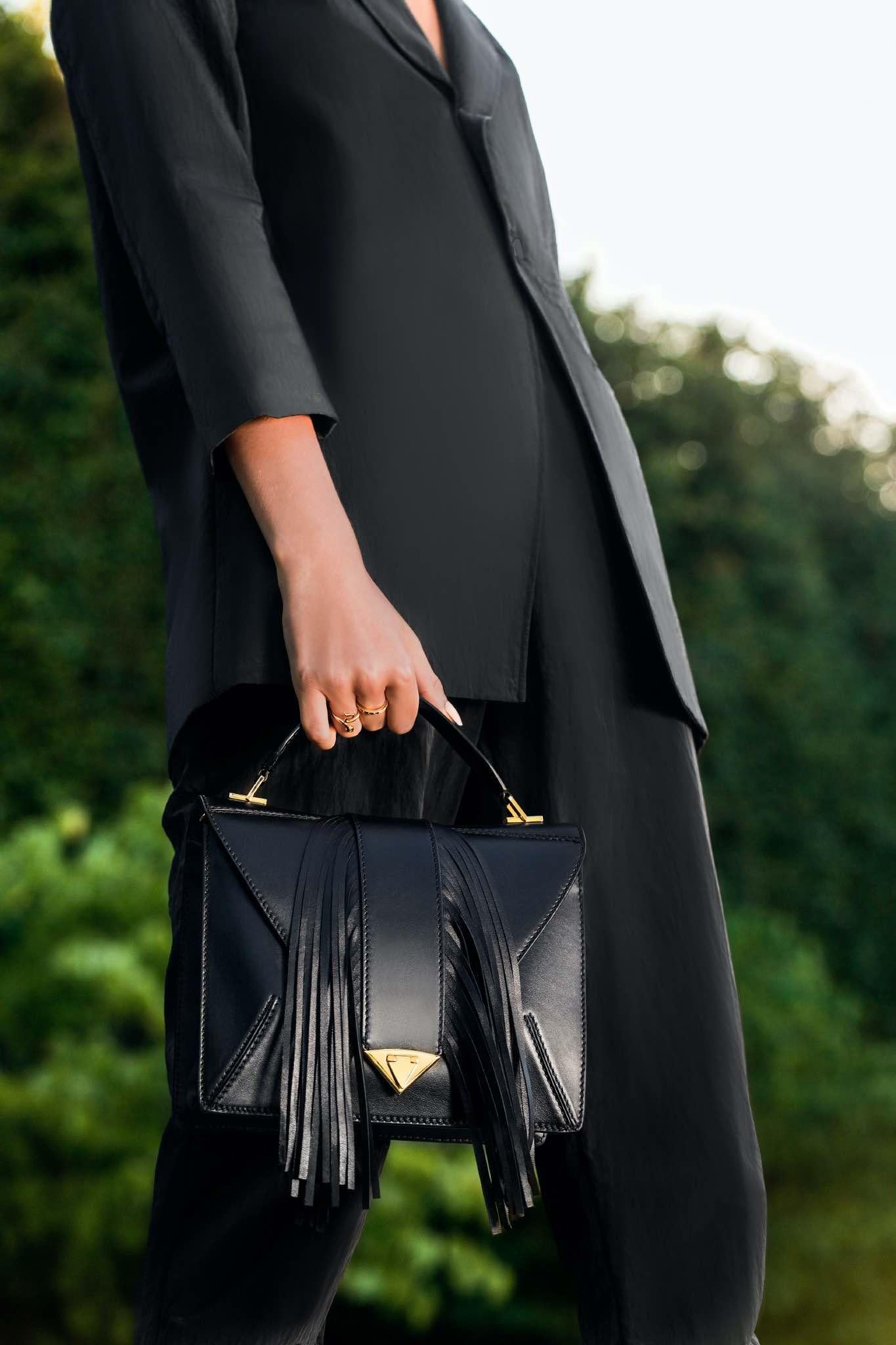 TYLER ELLIS Rita Handbag Large in Black Leather with Fringe and Gold Hardware 1