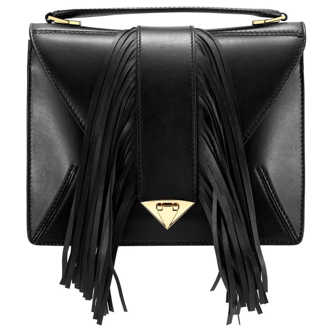 TYLER ELLIS Rita Handbag Large in Black Leather with Fringe and Gold Hardware