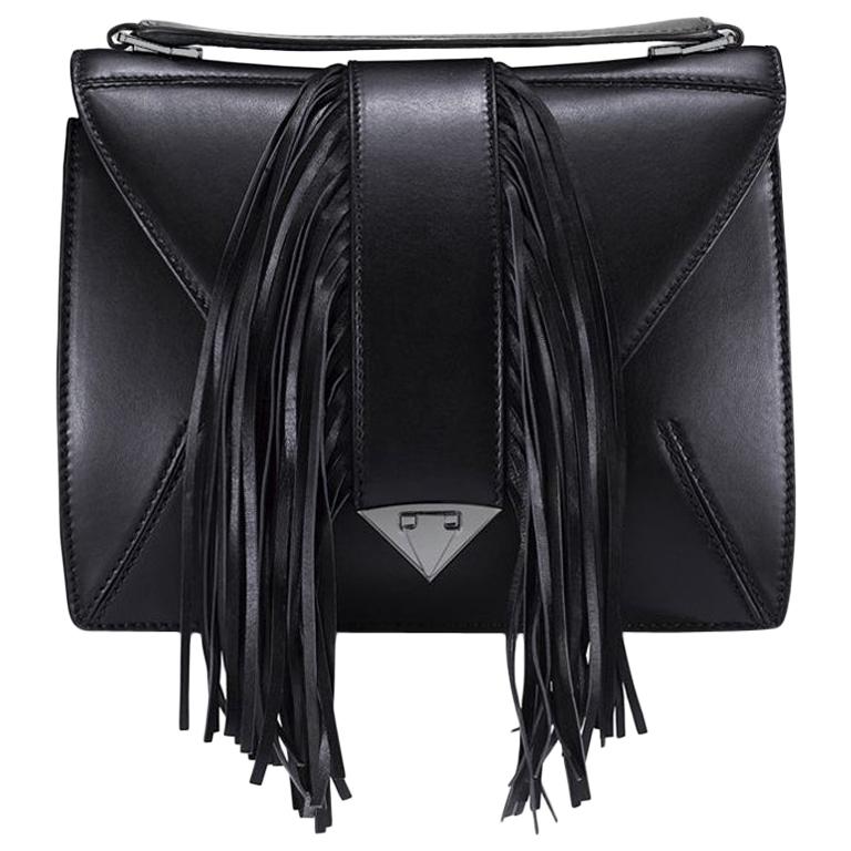 TYLER ELLIS Rita Handbag Large in Black Leather with Fringe and Gunmetal HW
