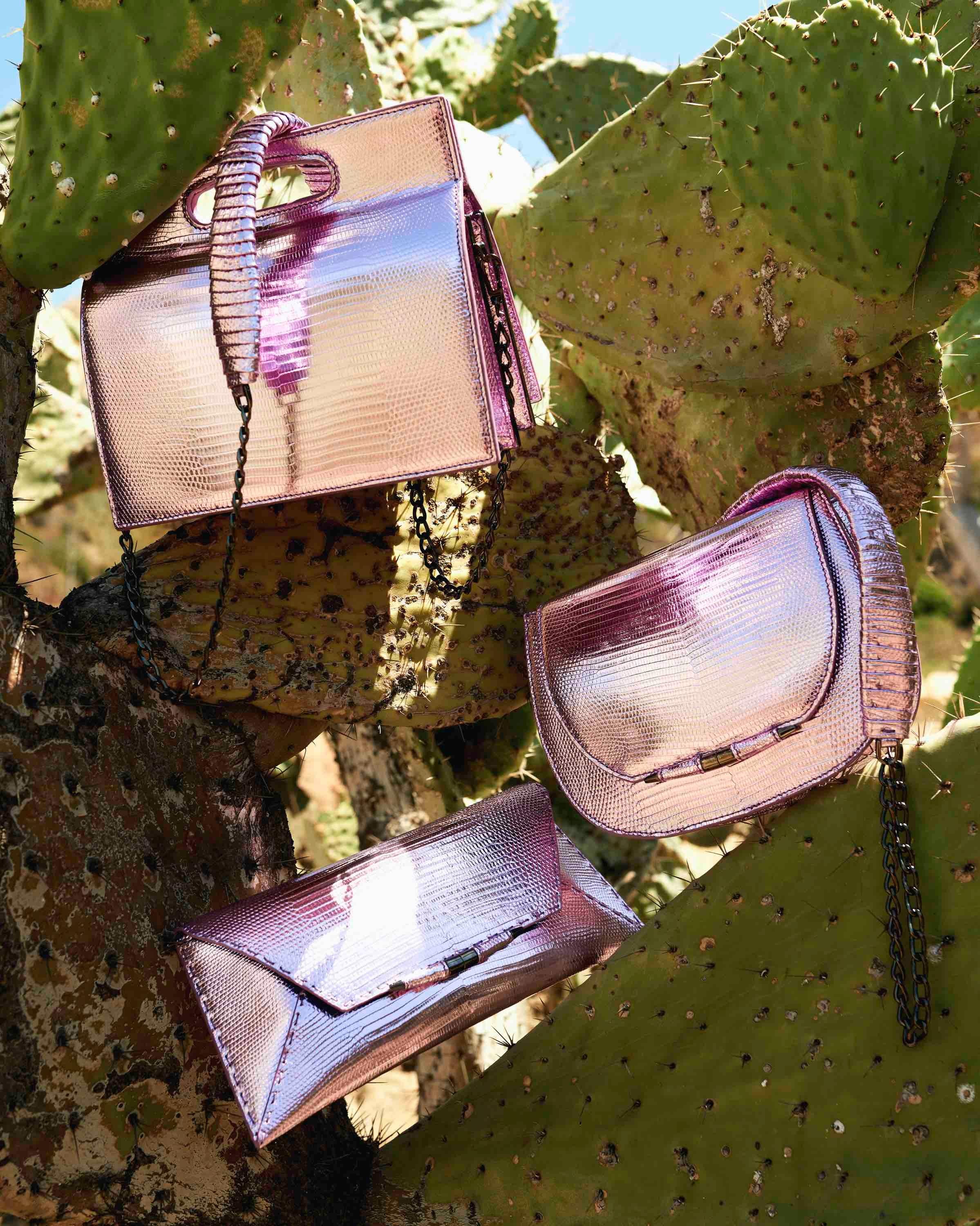 TYLER ELLIS Stella Small in Pink and Purple Metallic Lizard In New Condition In Los Angeles, CA