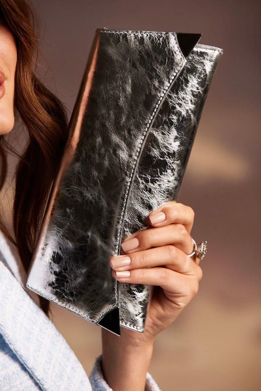 TYLER ELLIS Veronica Clutch in Silver Antiqued Leather with Silver Hardware 2