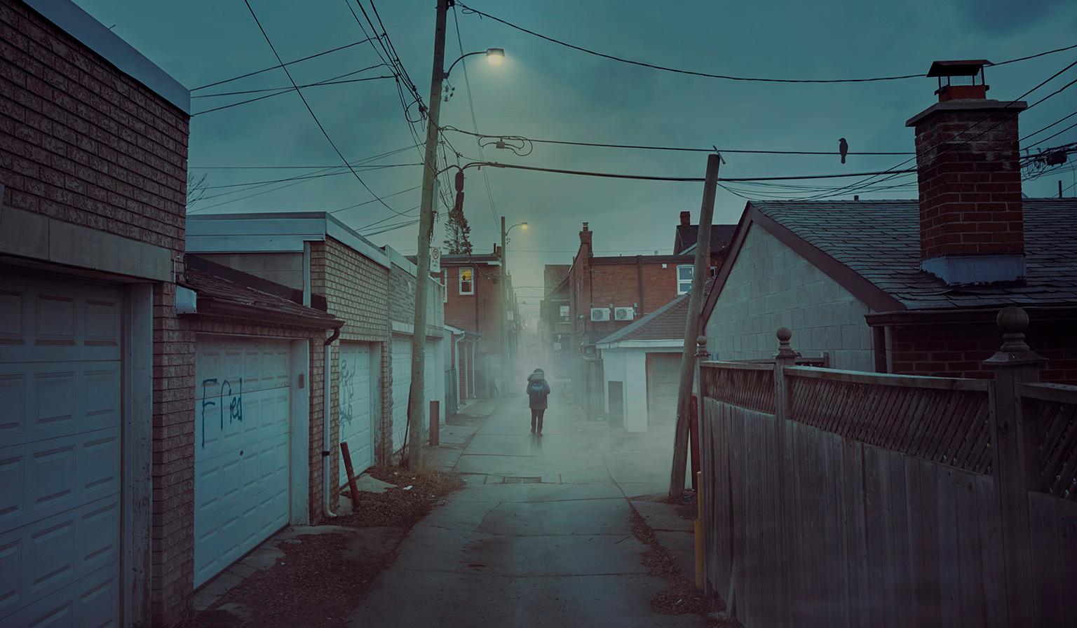 “Alley Walker”, Ontario, Canada, 2018.
Archival Pigment Print, 60”X35”. Edition of 7.
Signed, Dated and Numbered on the Reverse.

Tyler Gray’s photographs are cinematic in their storytelling. They are those moments that transform and become