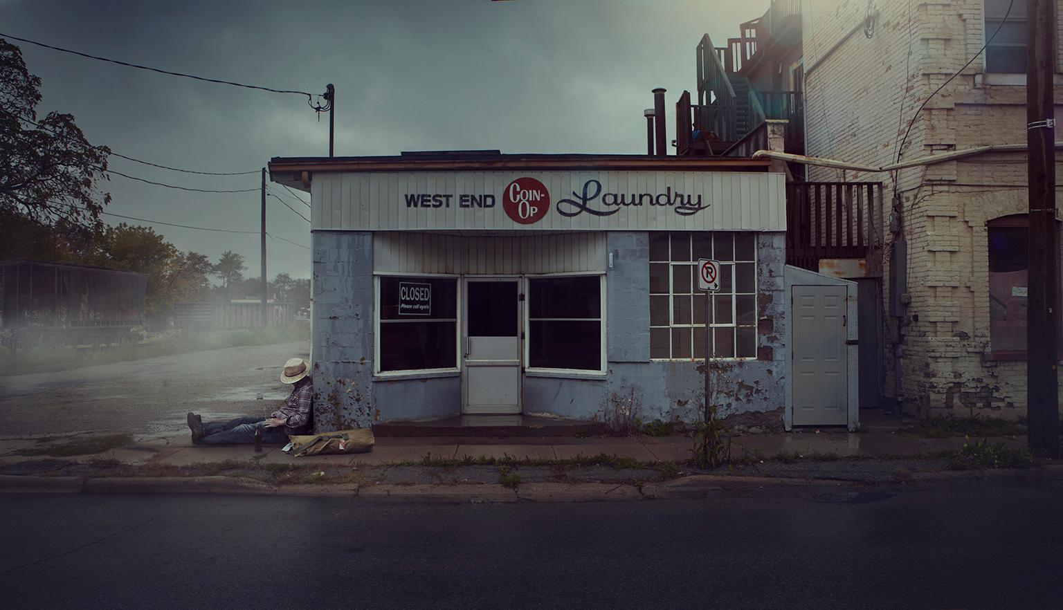 “Weary Hobo”, Ontario, Canada, 2009.
Archival Pigment Print, 40”X23”. Edition of 7.
Signed, Dated and Numbered on the Reverse.

Tyler Gray’s photographs are cinematic in their storytelling. They are those moments that transform and become completely