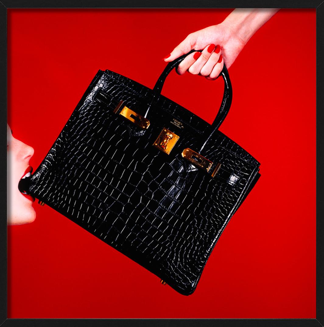 Schwarze Birkin-Handtasche mit rotem Hintergrund, Kunstfotografie, 2021 (Rot), Figurative Photograph, von Tyler Shields