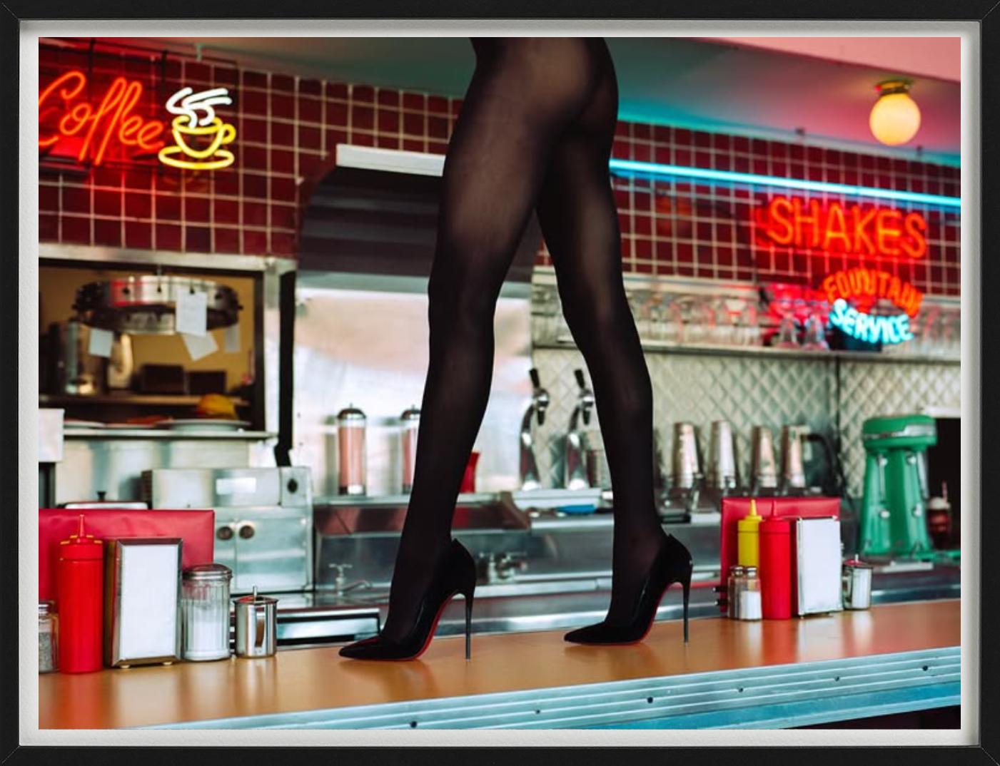 Diner High Heels - Woman Walking on a Counter, Fine Art Photography, 2025 For Sale 1