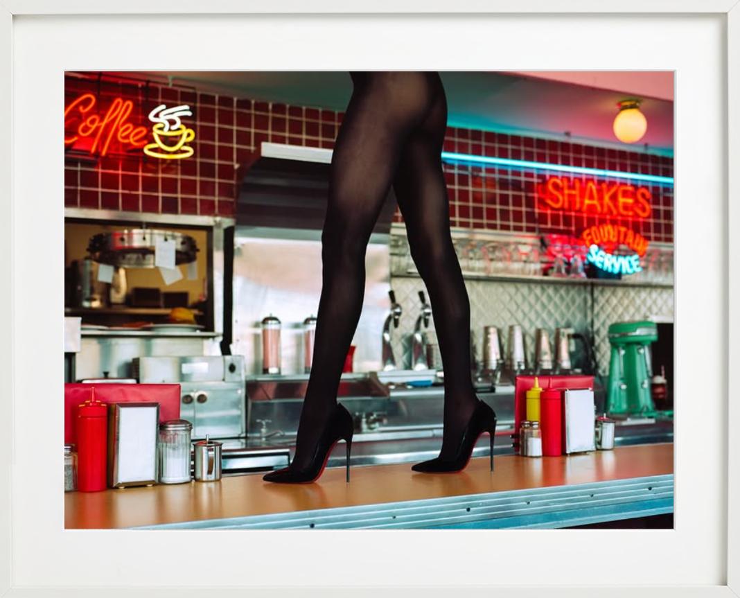Diner High Heels - Woman Walking on a Counter, Fine Art Photography, 2025 For Sale 6