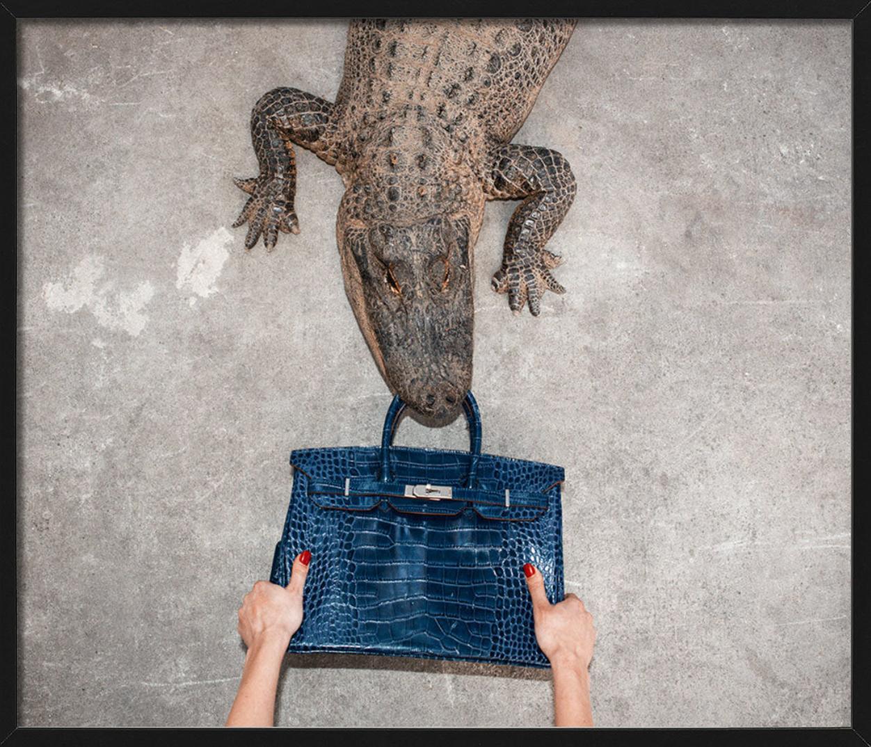 Die ikonische Birkin-Tasche aus Alligatorhaut wird von einer Hand mit rotem Nagellack gehalten, die mit einem Alligator um die Tasche kämpft, fotografiert von Tyler Shields im Jahr 2021. 

Alle Drucke sind in limitierter Auflage erhältlich.